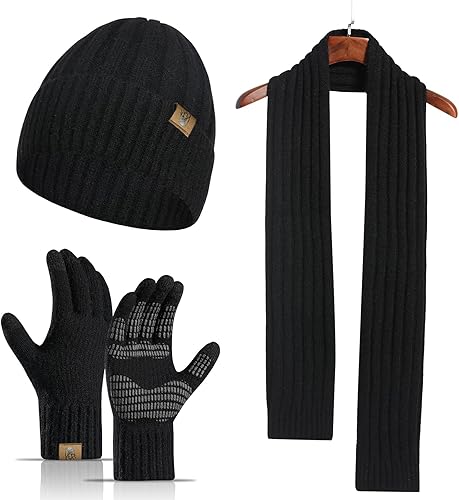 Honnesserry Bufanda de invierno para hombre con gorro y guantes para pantalla táctil, conjunto de guantes antideslizantes para hombre
