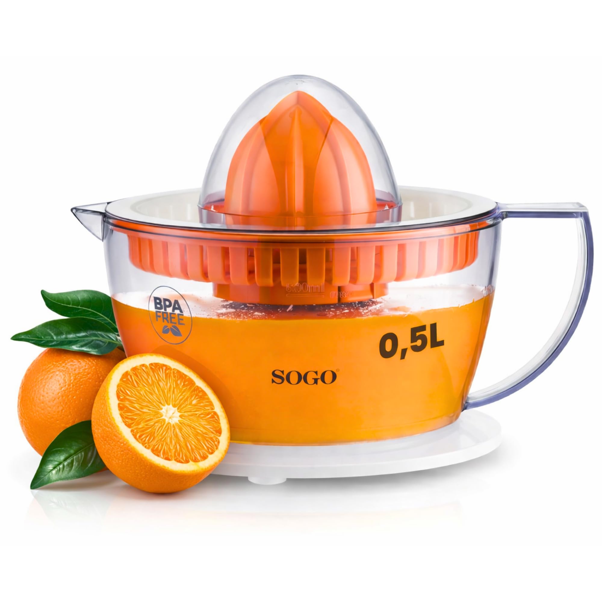 Sogo Exprimidor Eléctrico Automático Para Naranja Y Limón Con 2 Conos Y Tapa -​Silencioso Con Giro Doble Sentido Y Jarra 0,​5L - Exprimidor De Zumo Libre De BPA Con Limpieza Fácil 40W