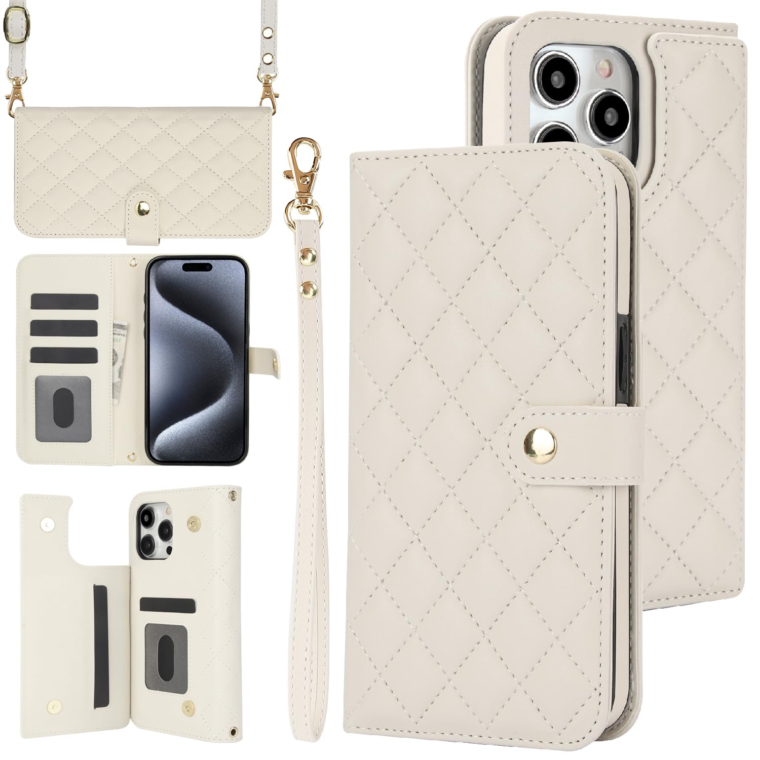 Étui portefeuille iPhone 14 Pro Max en cuir blanc élégant avec protection RFID - 8