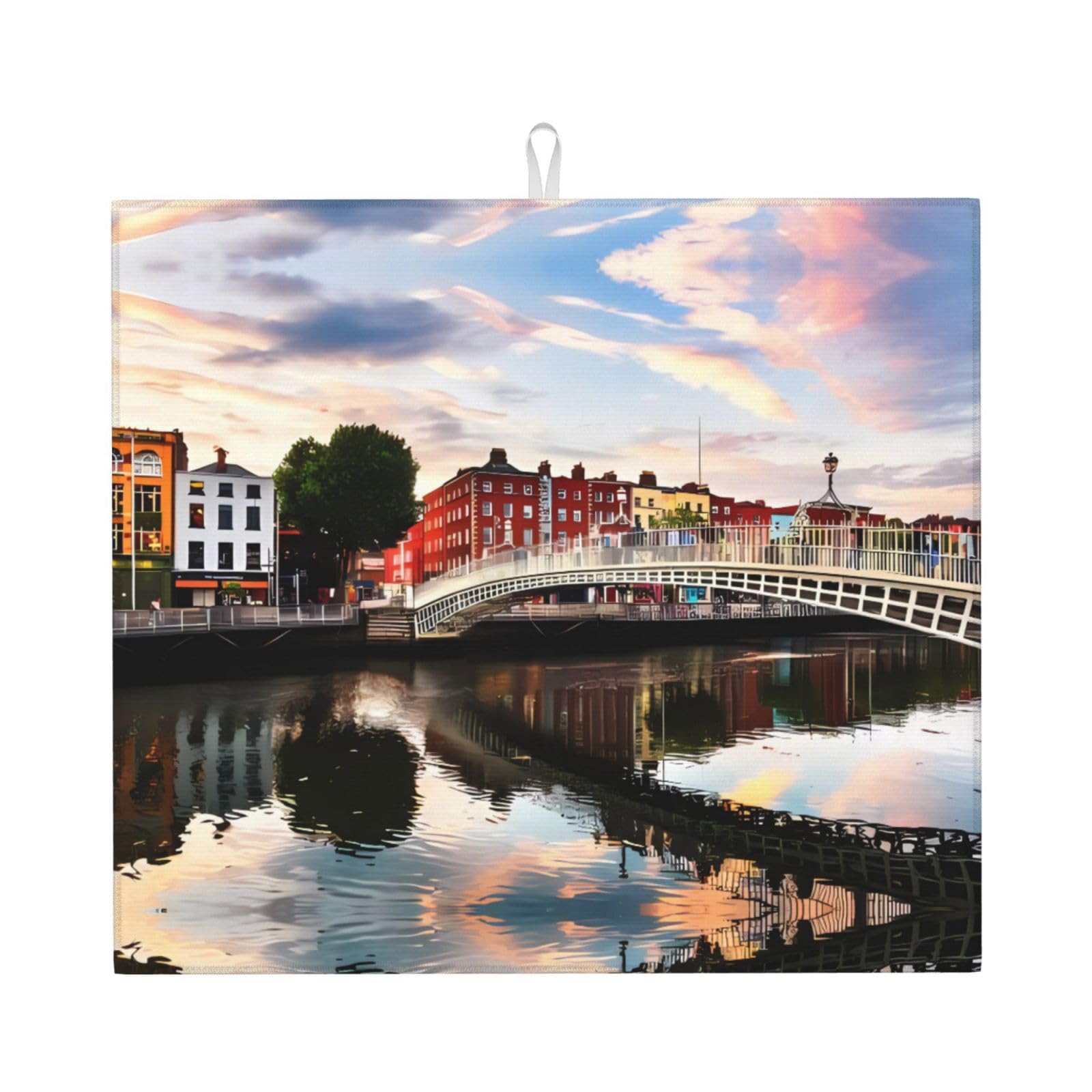 HJFCZH Bridge Sunset River Landscape Prints Kitchen Drying Mat – Absorbent Microfiber Throw for Dishes, Non-Slip Counter Cover, Quick-Drying Layer with Fade-Resistant Print