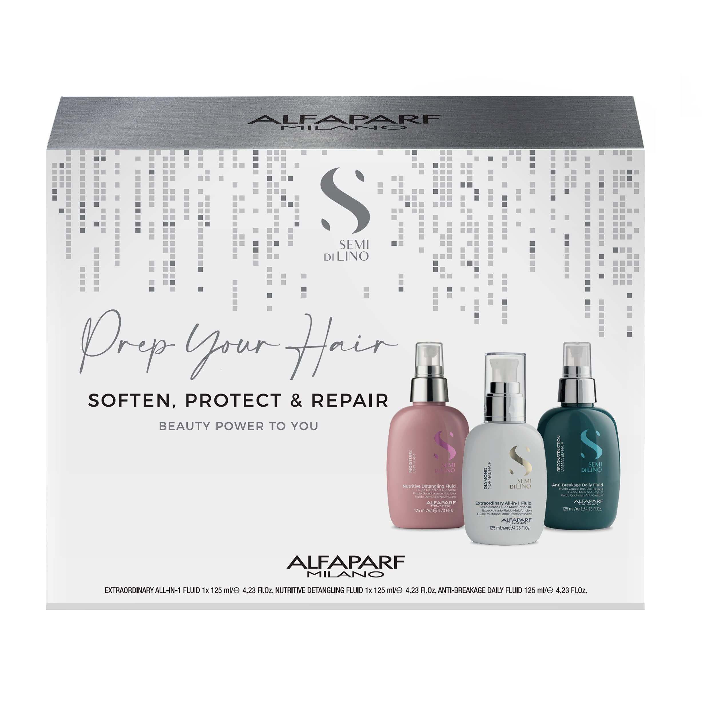 Alfaparf Milano Semi Di Lino Prep and Primer Gift Set - All-In-One Spray, Hair Detangler and Anti-Breakage Fluid - Softens, Protects and Repairs Hair - Adds Shine - Salon Quality, 1 ct.