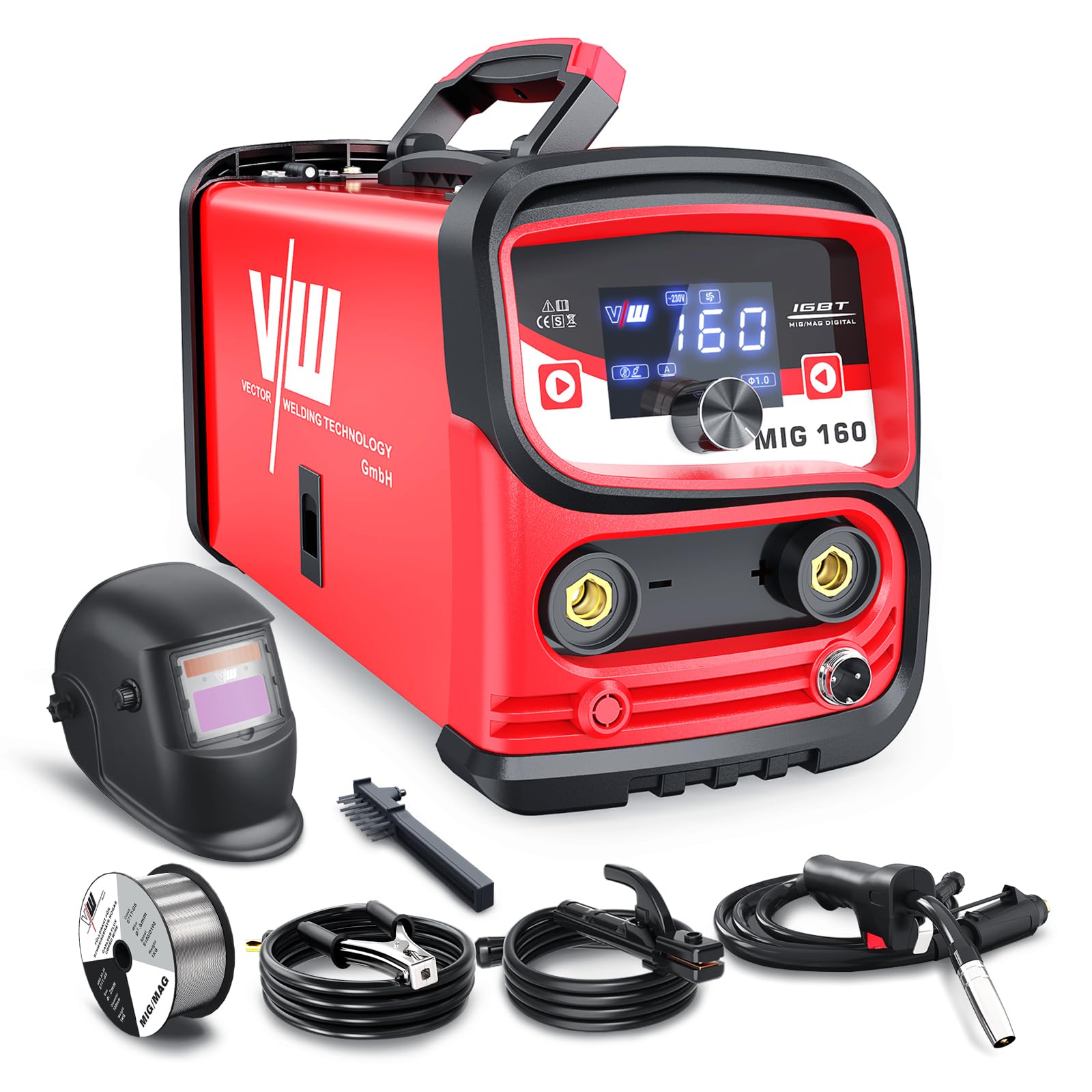 MIG160 Saldatrice a Filo Continuo Senza Gas 160A Sinergia Elettrodo Saldatrice 2 In 1 MIG/ARC, IGBT Inverter Saldatore con Filo Animato 1,0 mm e Maschera Auto-Oscurante - VECTOR WELDING