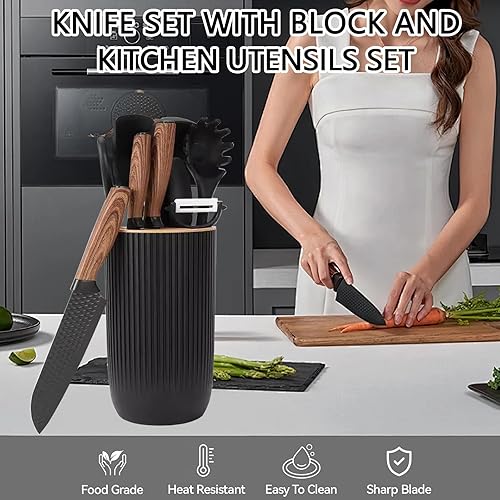 Miniatura 6 de Juego de cuchillos de cocina profesional de 10 piezas con bloque universal de cuchillos, antiadherentes, resistentes al calor, herramientas de