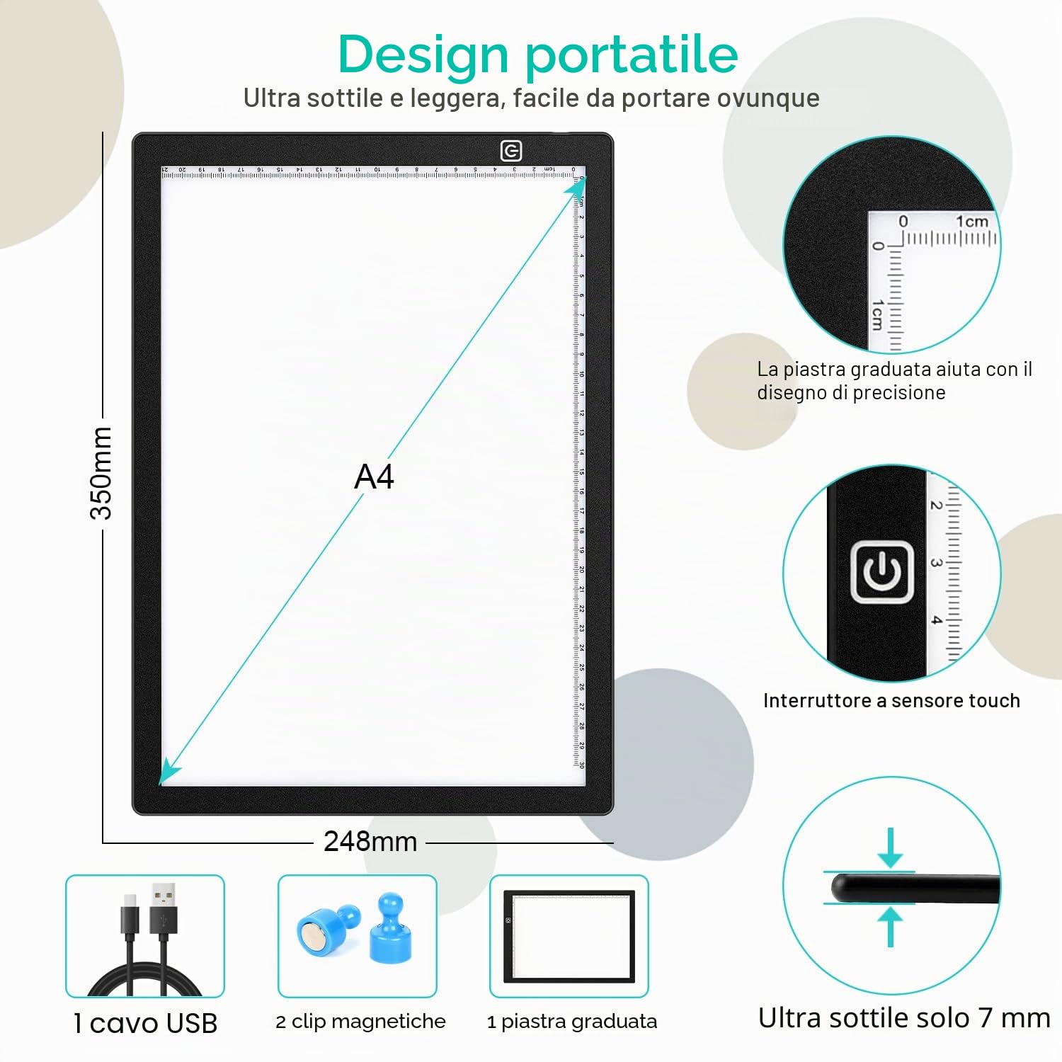 Tavolo luminoso per disegno A4, tavolo luminoso per tavolo da disegno A4 LED Tablet di luce 3 modalità di illuminazione, Light Pad ultra sottile con pannello touch intelligente e per artisti