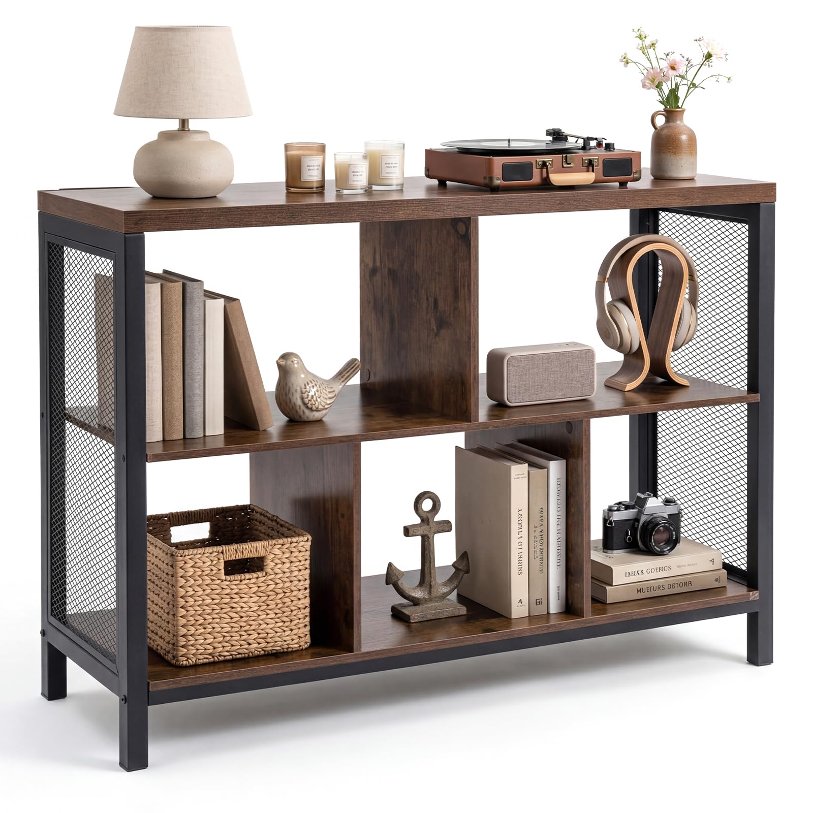 COSTWAY 4/5/6 Cube Storage Bookcase, Wooden Freestanding Bookshelf Side Cabinet with Metal Legs, Home Display Rack Organizer Unit for Living Room Hallway (Rustic Brown, 106 x 34 x 76.5cm)