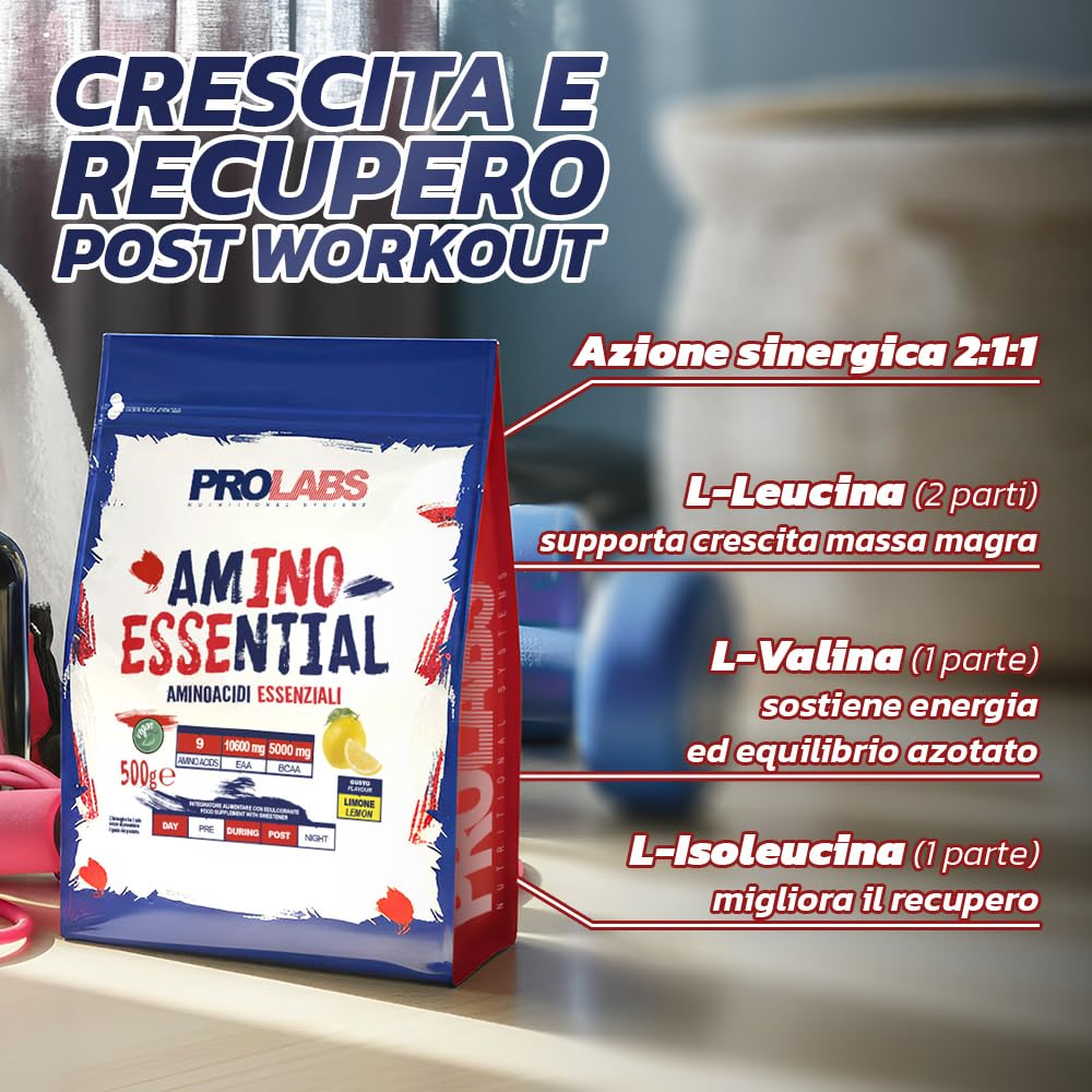 PROLABS – EAA Aminoacidi Essenziali AMINO ESSENTIAL Fermentati Polvere 100% Veg con BCAA Ramificati 2:1:1 e Vitamina B6, Amminoacidi Essenziali Post Intra Workout, Integratore per Sportivi 500g Limone