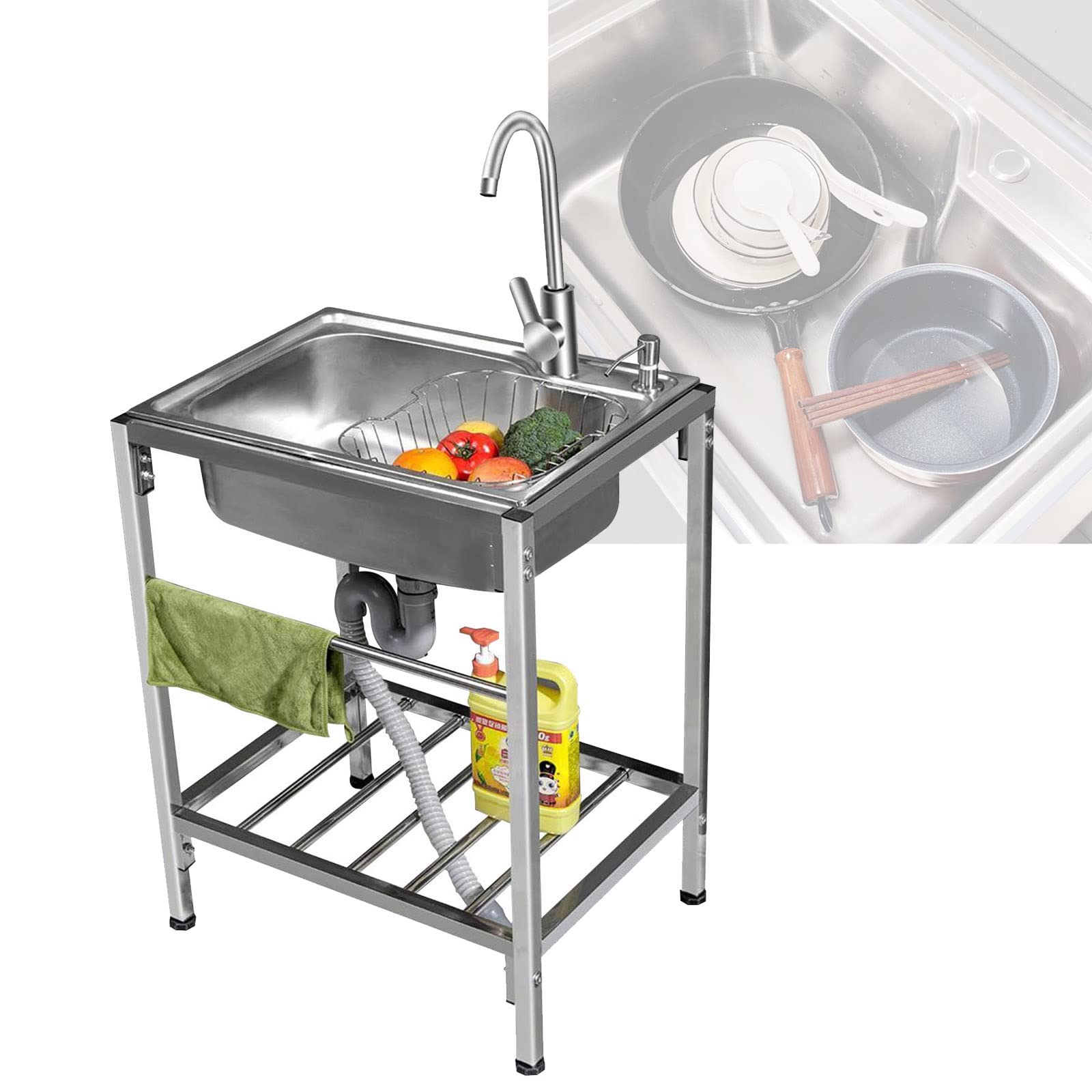 Outdoor Utility Sinks for Kitchen, Commercial Restaurant Sink, Catering Sink, 55cm 60cm Stainless Steel Freestanding Sink, Portable Sink with Hot and Cold Water