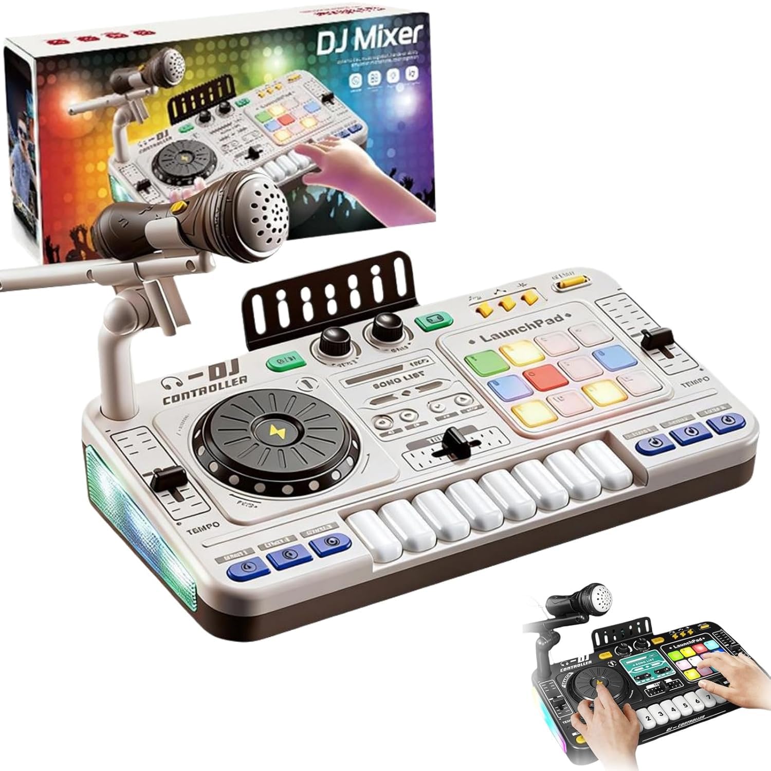 NEWFUN Console DJ Portatile con Mixer e Bluetooth, Mixer Bluetooth Con Microfono Regolabile,Effetti Di Luce Sfumata, Adatto Per Feste,Con Luci e Tastiera