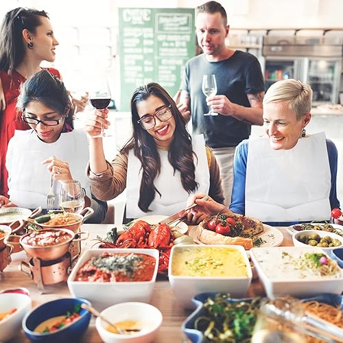 Miniatura 5 de Hicarer 100 baberos desechables para adultos con recogedor de migas para ancianos, baberos de plástico, protectores de ropa de comedor de un solo uso