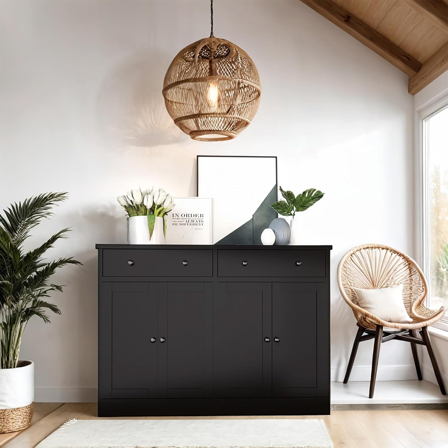 holzart 49" Black Buffet Cabinet with Doors & Drawers, Modern Kitchen Storage Sideboard, Coffee Bar Console Table for Dining Room, Living Room, Entryway