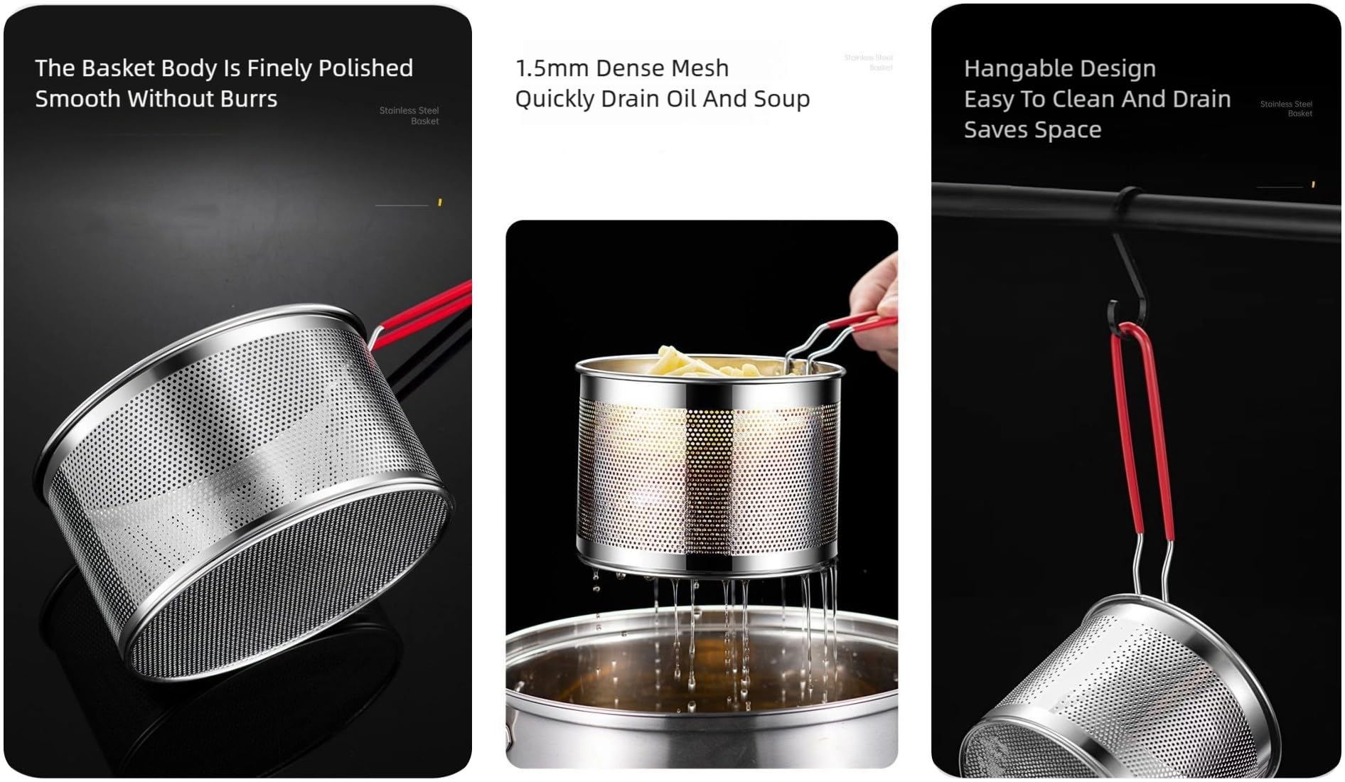 3 colini per pasta, in acciaio inox, con manico rimovibile, cestino per la pasta, cestello per friggitrice, scolapasta da cucina per lavare sgocciolare, friggere a vapore (16 e 18 e 20 cm)