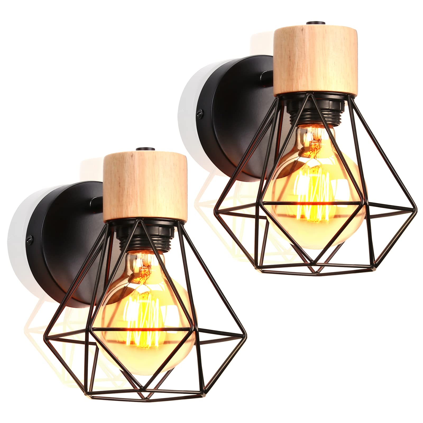 Lámpara de pared Interior Industrial Aplique de Pared E27 con Madera Vintage Luz de pared led Metal Adjustable Decoración Iluminación para Sala de Estar Lectura Dormitorio (A-Negro- 2 piezas)