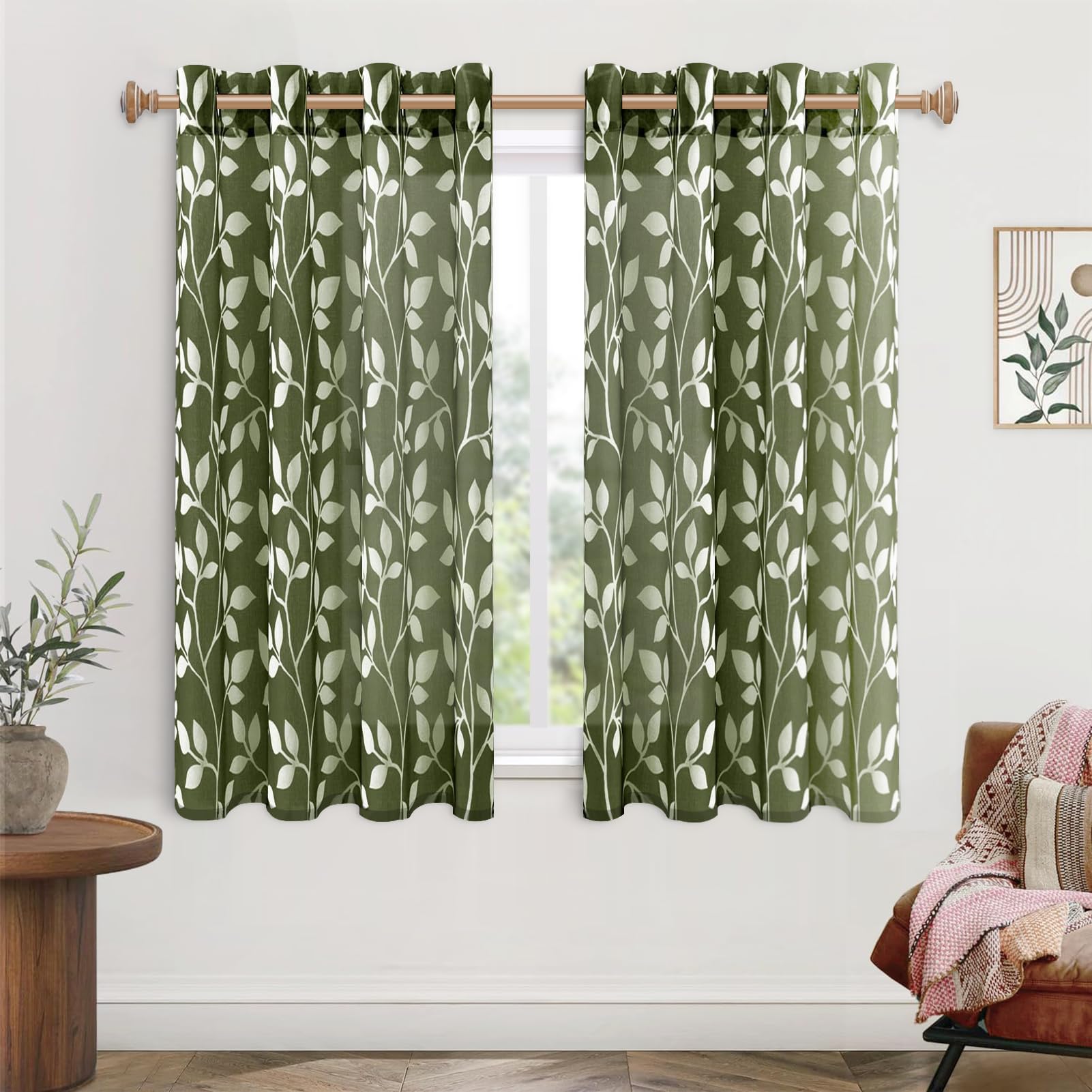MRTREES - Tende con occhielli trasparenti, moderne, corte, per soggiorno, 2 pezzi, 145 cm di lunghezza, 140 cm di larghezza, tende con stampa di foglie bianche e verde oliva per camera da letto