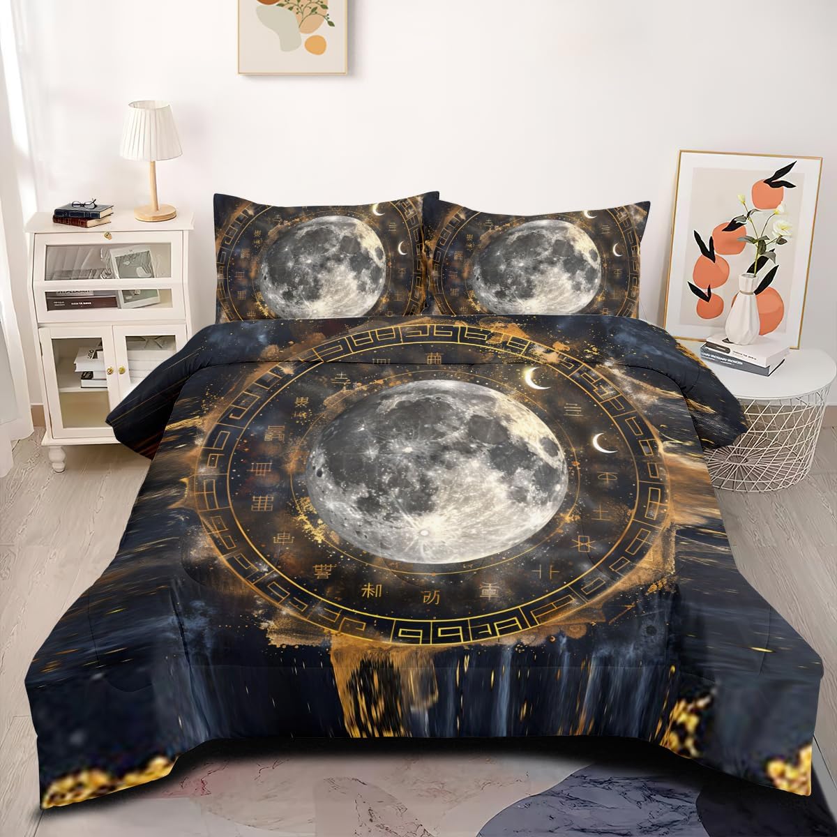 King Size Golden Zodiac Elements Comforter Set Full Moon Bedding Set Ancient Clock Pattern Down Comforter Decor Quilt Set for Adult Women Girls 3Pcs Soft Lightweight Bed Set