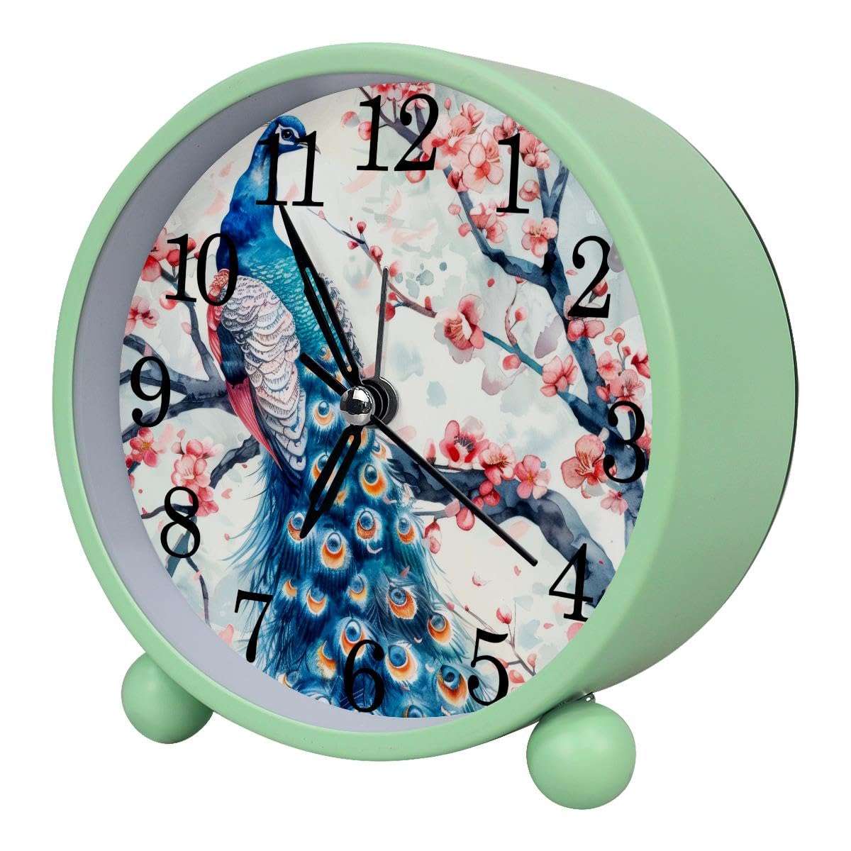 Alarm Clock Peacock Cherry Tree, Silent Non-Ticking with Night Light