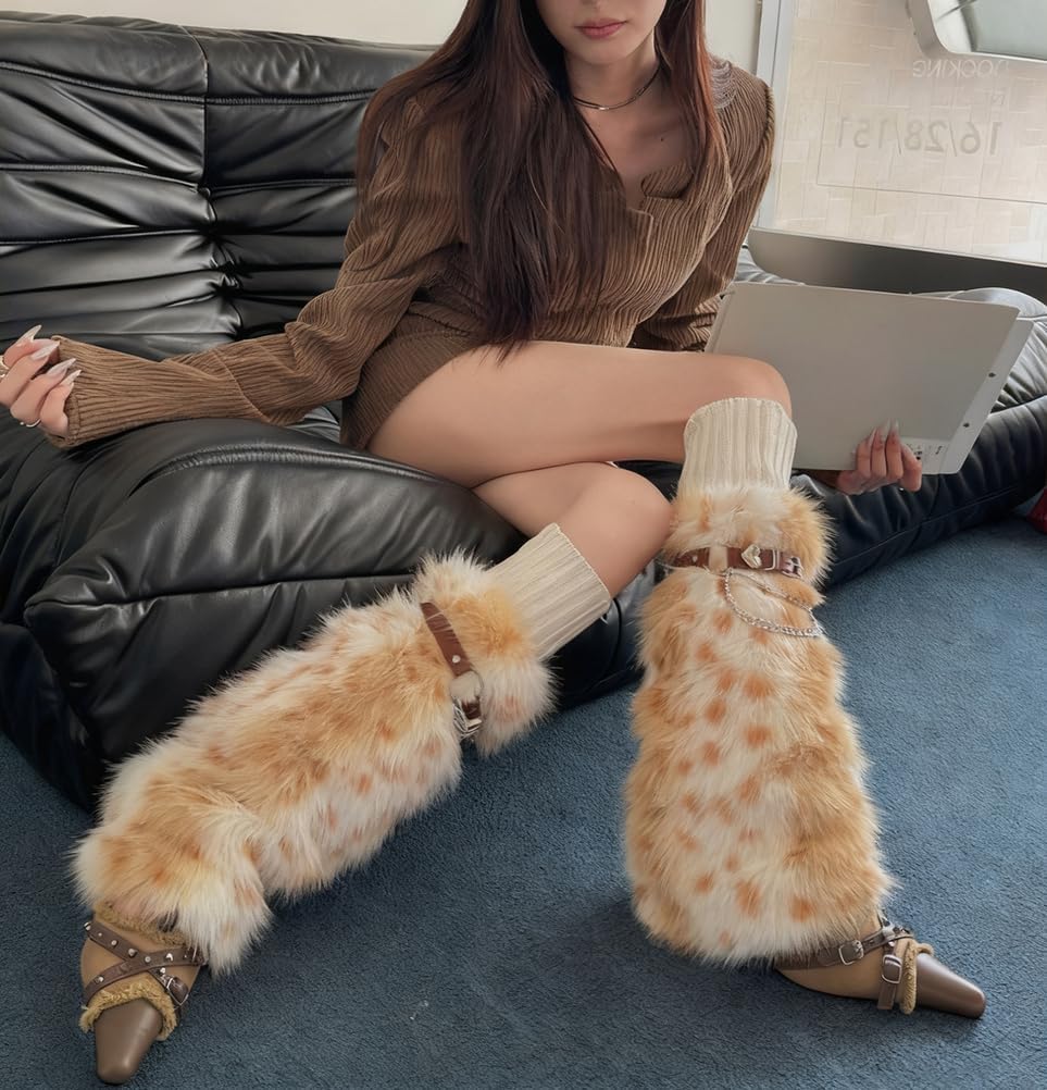 [QRUENNTG] レディース ファー フェイクファー レッグウォーマー Y2K ヒョウ柄 タイダイ 冬 ふわふわ ブーツカフス