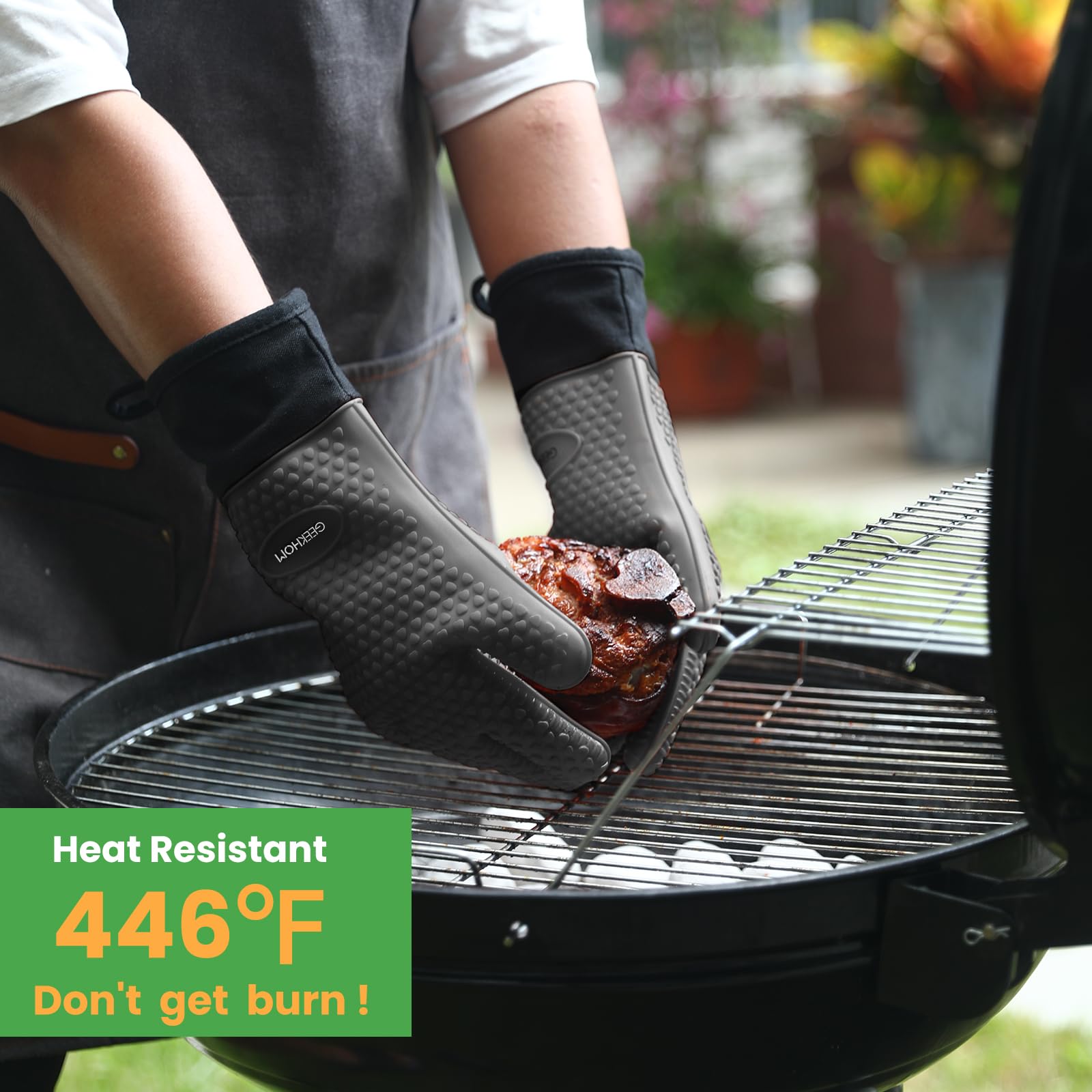 GEEKHOM Guantes Cocina, XL Guantes Horno, Manoplas para Barbacoa Asado BBQ, Resistentes al Calor hasta 230℃ con Silicona Antideslizantes Impermeable, 35.56cm Largo para Proteger El Antebrazo -Gris