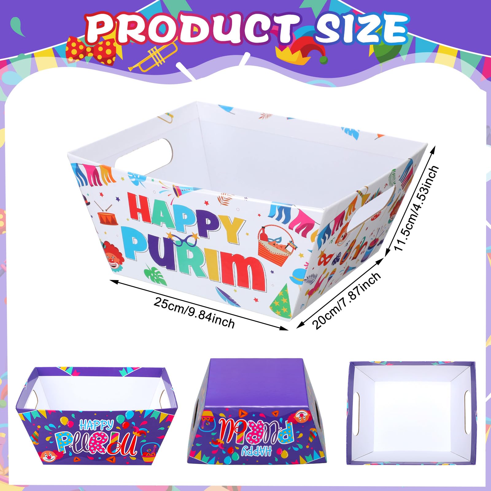 Cholemy Purim - Juego de 24 cestas de regalo vacías que incluye 8 bandejas de mercado de papel kraft, 8 bolsas y 8 lazos, regalos de fiesta de carnaval judío, caja de cartón para regalos vacía con