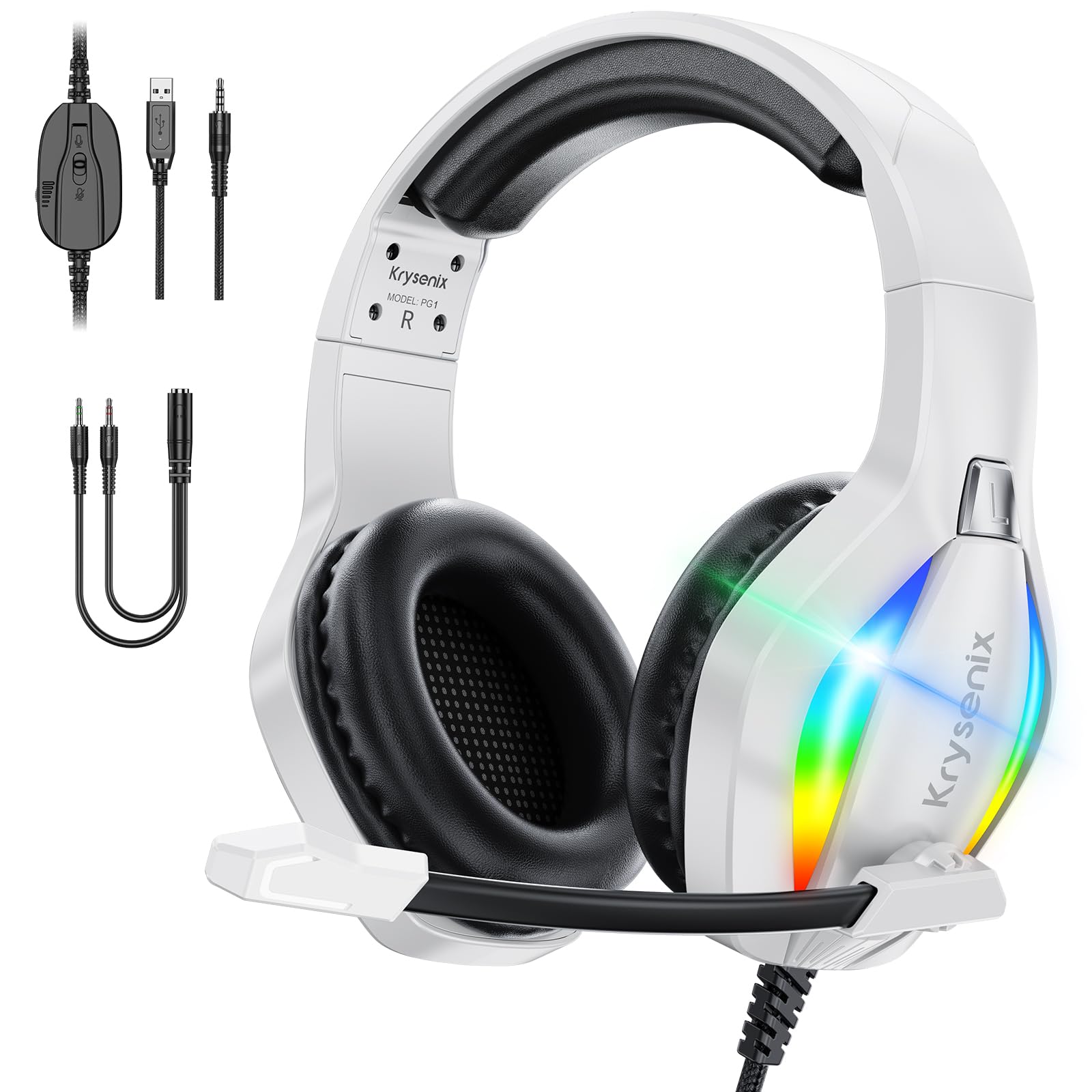 Krysenix PG1 RGB Gaming Headset für PS4, PS5, PC, Xbox,Switch, PS5 Gaming Kopfhörer mit LED Licht, Over Ear PC Headset mit Noise Cancelling Mikrofon und 3,5 mm Klinke,Matte Weiß