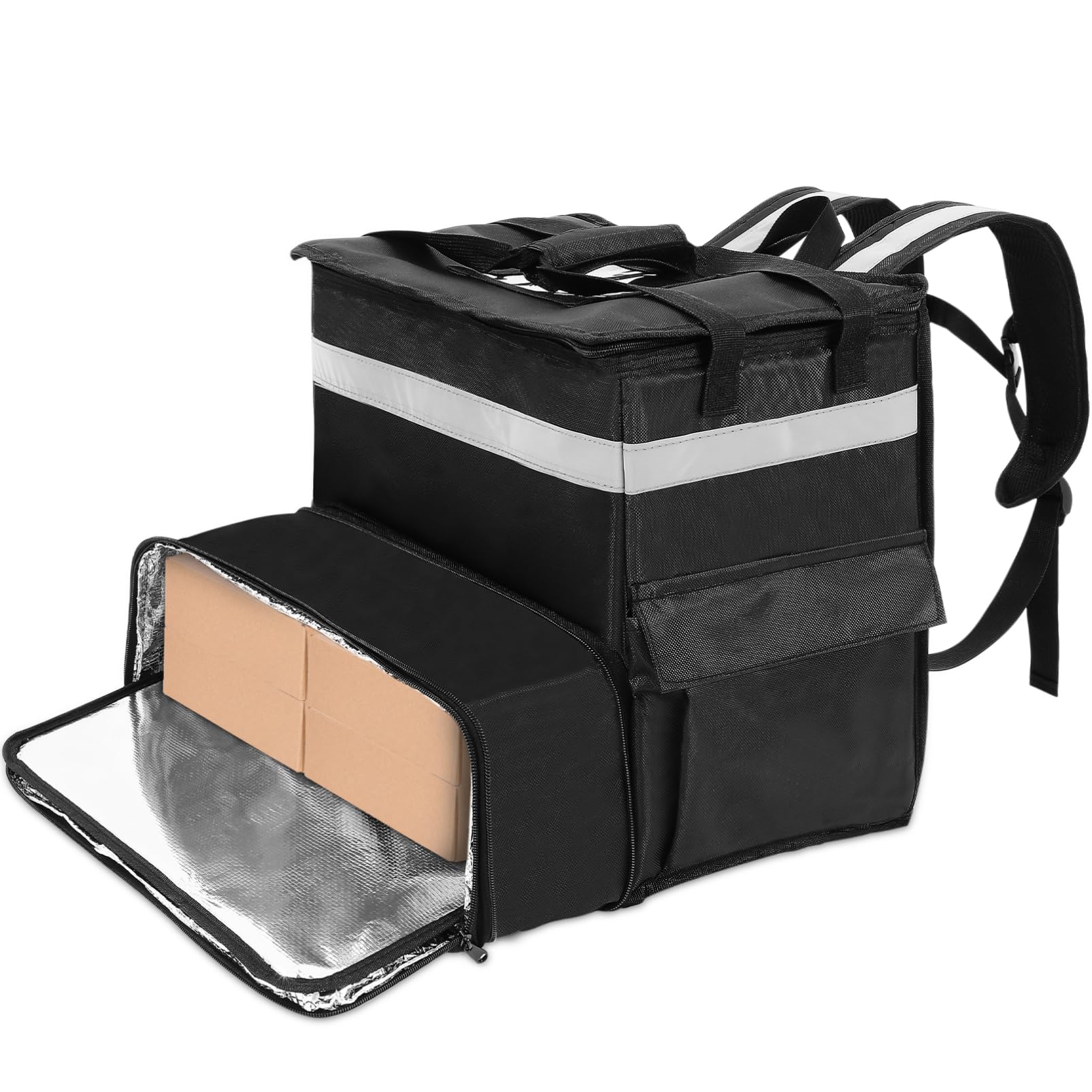 OUNONA Mochila Térmica de Viaje Negra de Oxford para Pizza | Capacidad Grande, Bolsillo Frontal Ampliable, Tiras Reflectantes, Interior Espacioso para Reparto y Camping