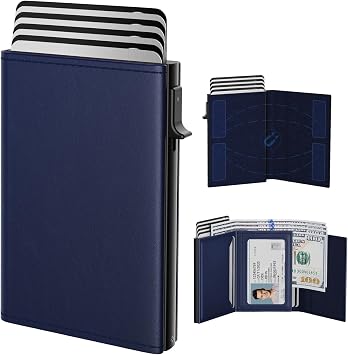 typecase Mens Wallet Card Holder Pop Up Aluminum Case, Premium Genuine Leather, Smart, RFID Blocking, Slim, Minimalist, Front Pocket - 9-14 Card Capacity | ID Window | Cash Slot Navy
