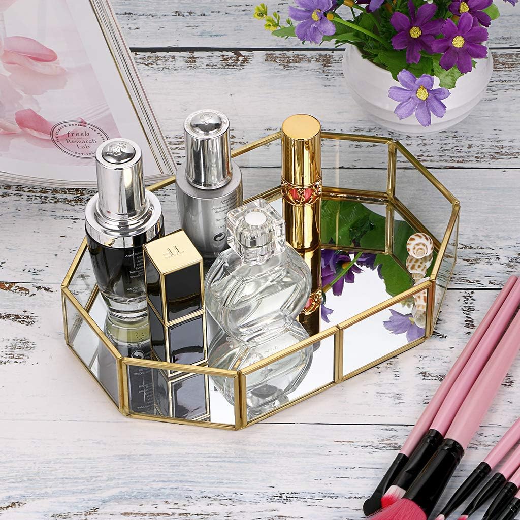 Hipiwe Mirror Glass Vanity Tray - Gold Ornate Makeup Organizer Perfume Tray