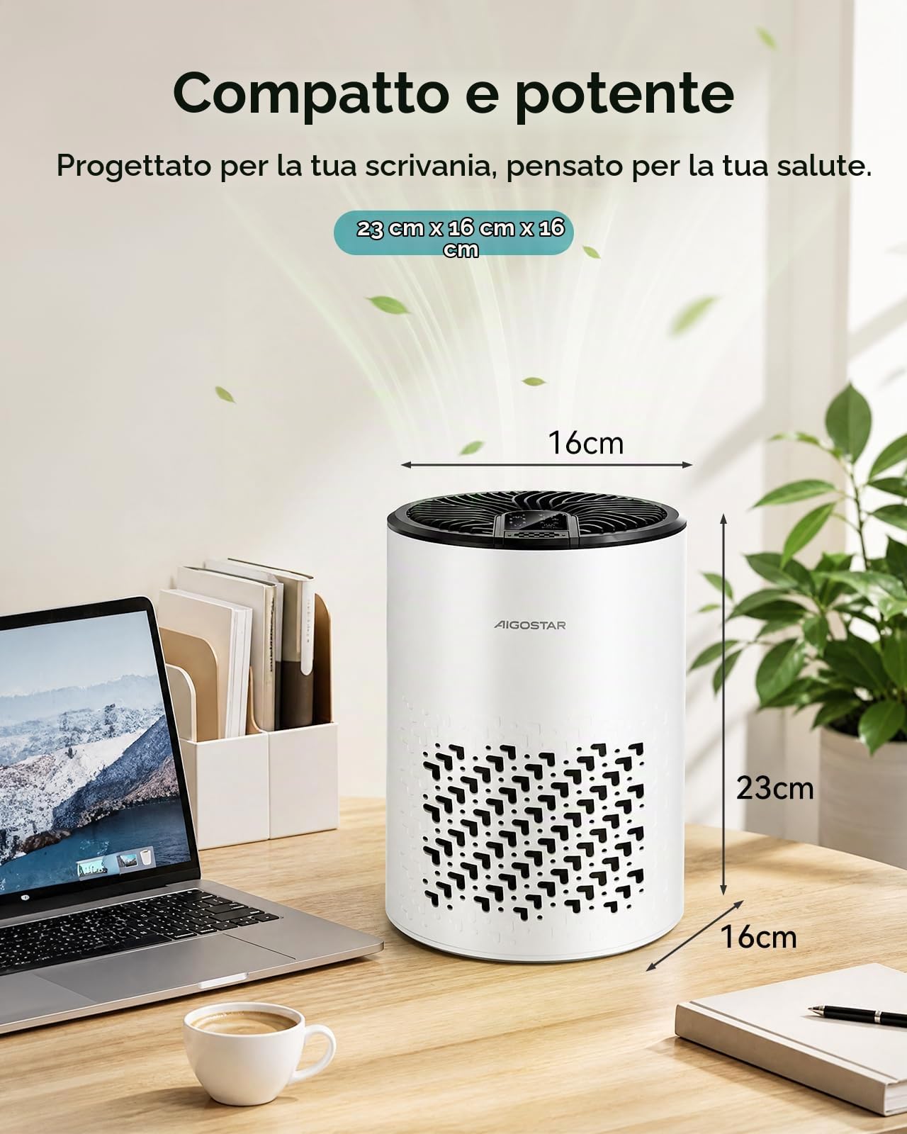 Aigostar Purificatore d'aria, Filtro HEPA a 4 Strati con Carbone Attivo, Aromaterapia, Elimina Odori, Polline e Peli Animali, Modalità Sleep a 15dB Ultra Silenziosa, per Allergie, Camera da Letto