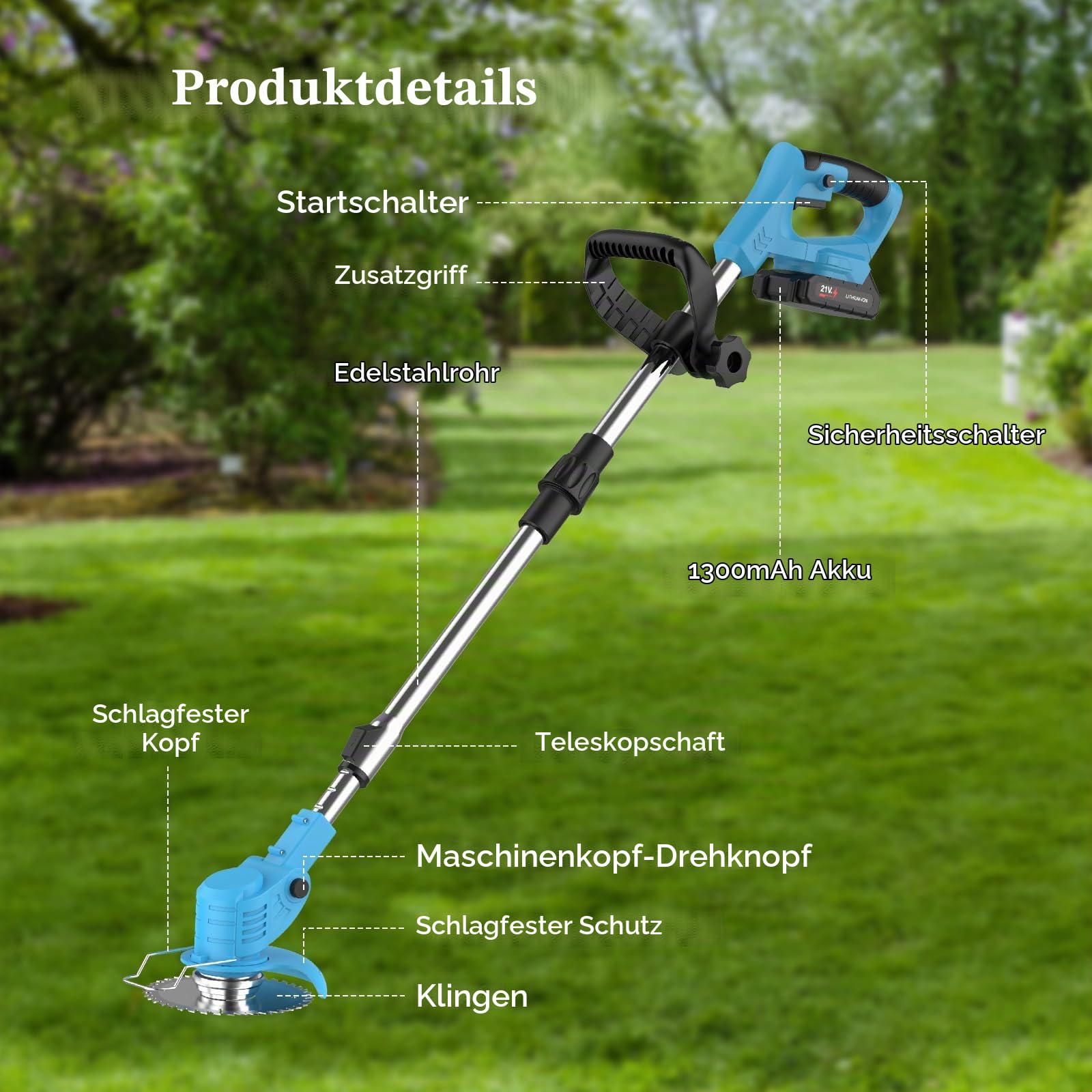Akku Rasentrimmer 21V, Elektrischer Grasschneider Faltbar mit Teleskopstange, 380W, 7800 RPM, Schnittbreite 15cm, 20-50min Laufzeit, Leise, Kantenschneider für Garten Rasen Hof Unkraut (2 Batterien)