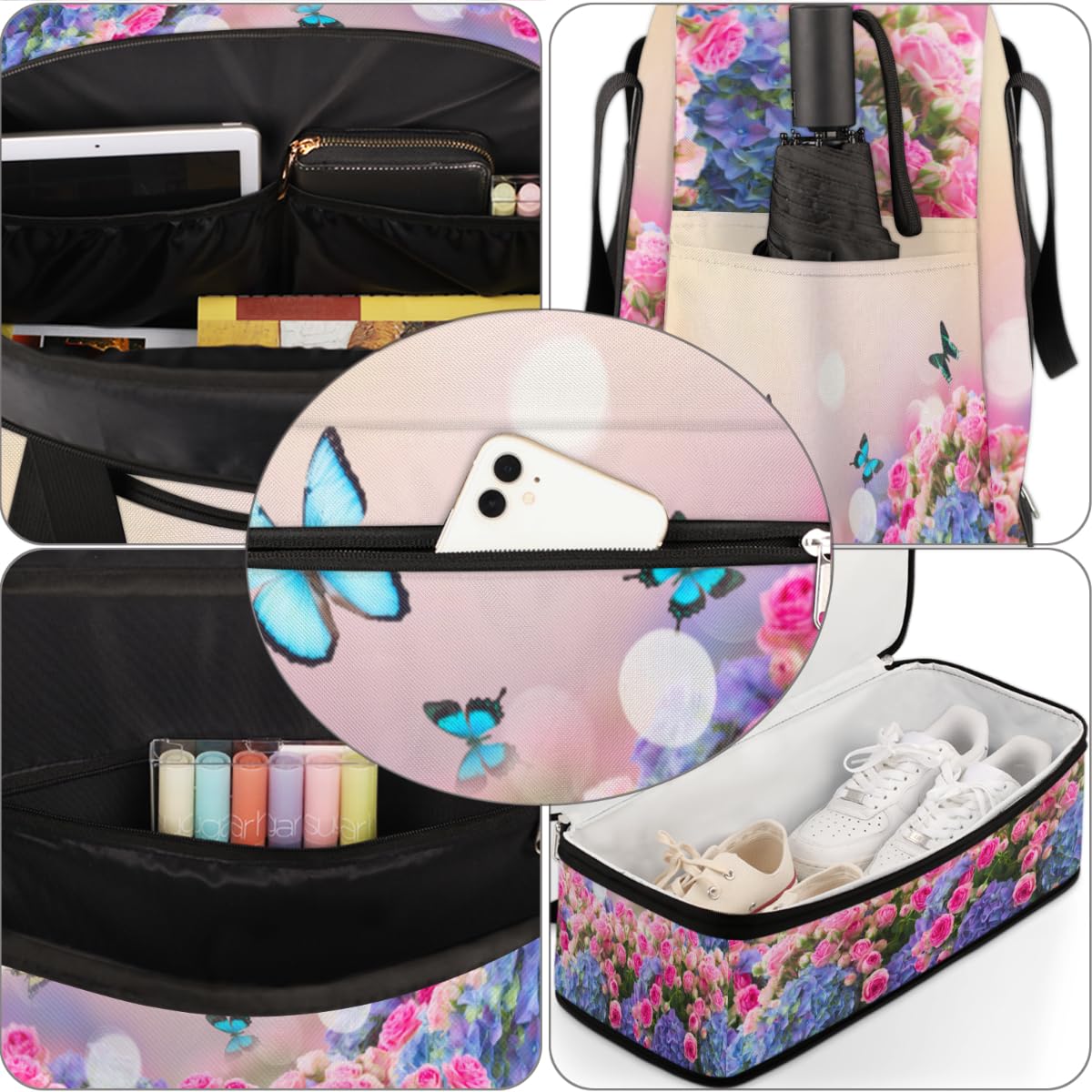 Bolsa de viaje plegable con diseño de rosas, flores, mariposas, 47 l, bolsa de fin de semana con funda para carrito de transporte, bolsa de hombro separada para deportes, gimnasio, viajes, multicolor,