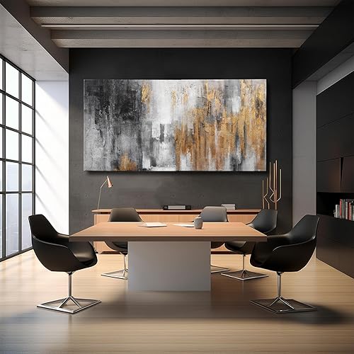 Miniatura 5 de YJYart Lienzo abstracto para pared con lámina dorada, pinturas al óleo negras modernas, arte de pared de graffiti para sala de estar, dormitorio,