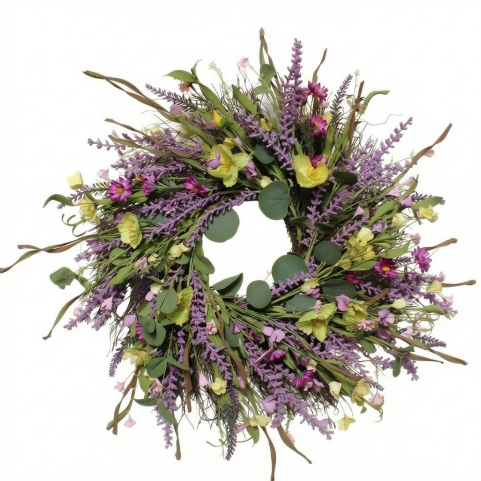 Ghirlanda di Lavanda Artificiale Corona Floreale Ghirlanda Corona Decorativa con Foglie E Gialli Struttura Rotonda Aspetto Primaverile Adatta per Porta di Casa Pareti Interne