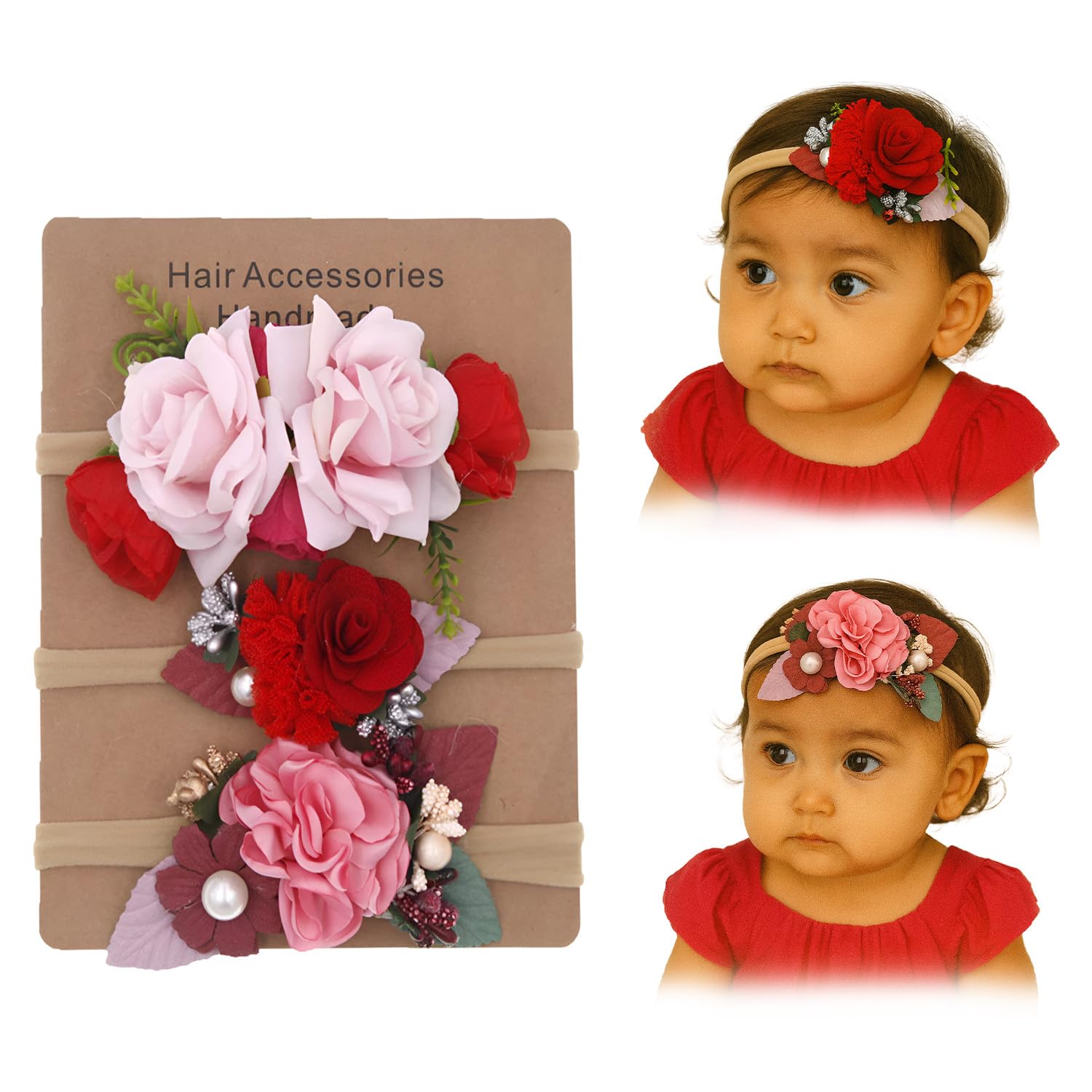 SYGA 3 Pcs Baby Headband, Flower, Pearl Stretchable, Nylon HairBand for Newborn Infant Toddlers Kids 0-3 Year (Rose Red, Free Size)-image-15
