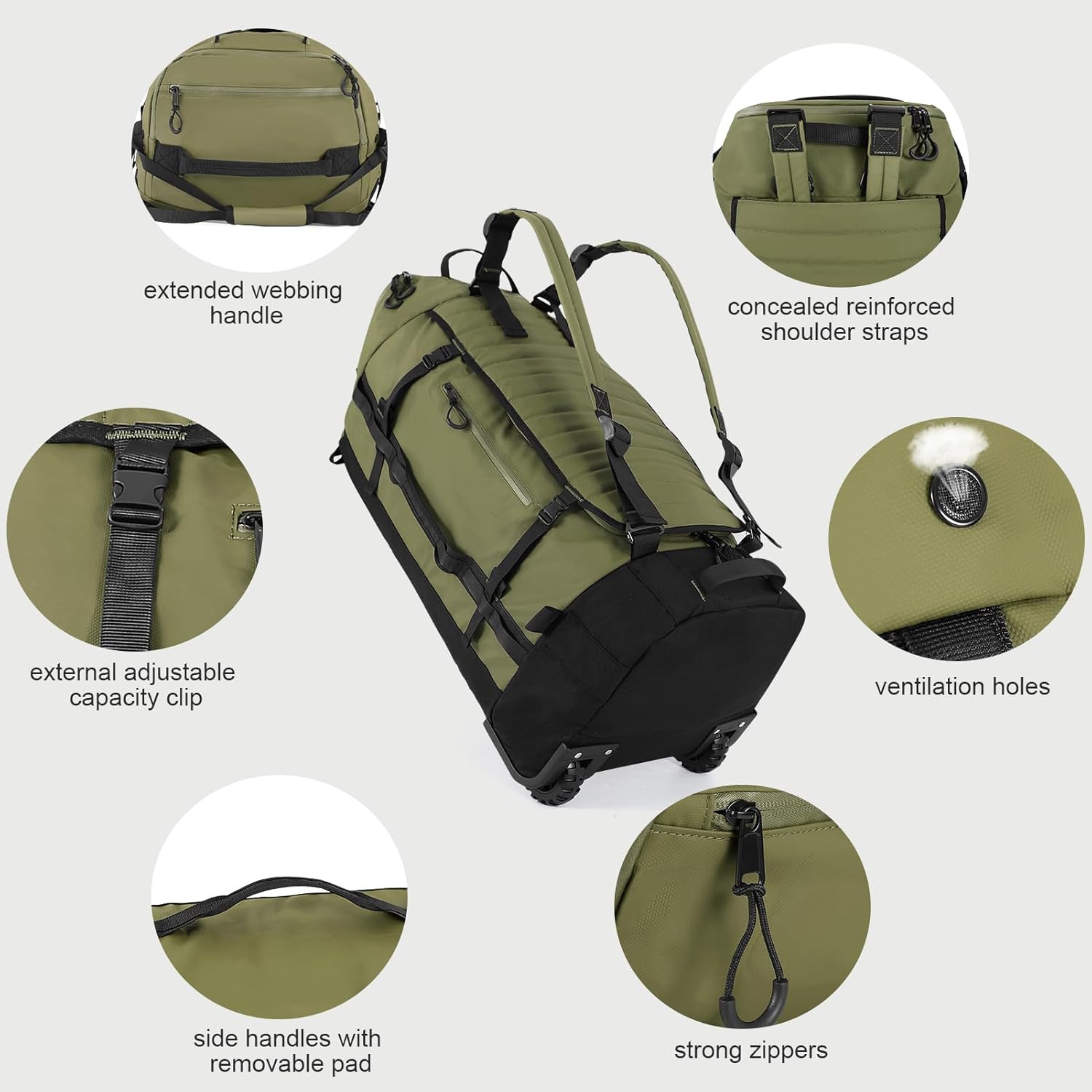 29" 86L Foldable Wheeled Duffle Bag, Waterproof Travel Rolling Backpack with Quilted Bottom, Army Green - Image 3