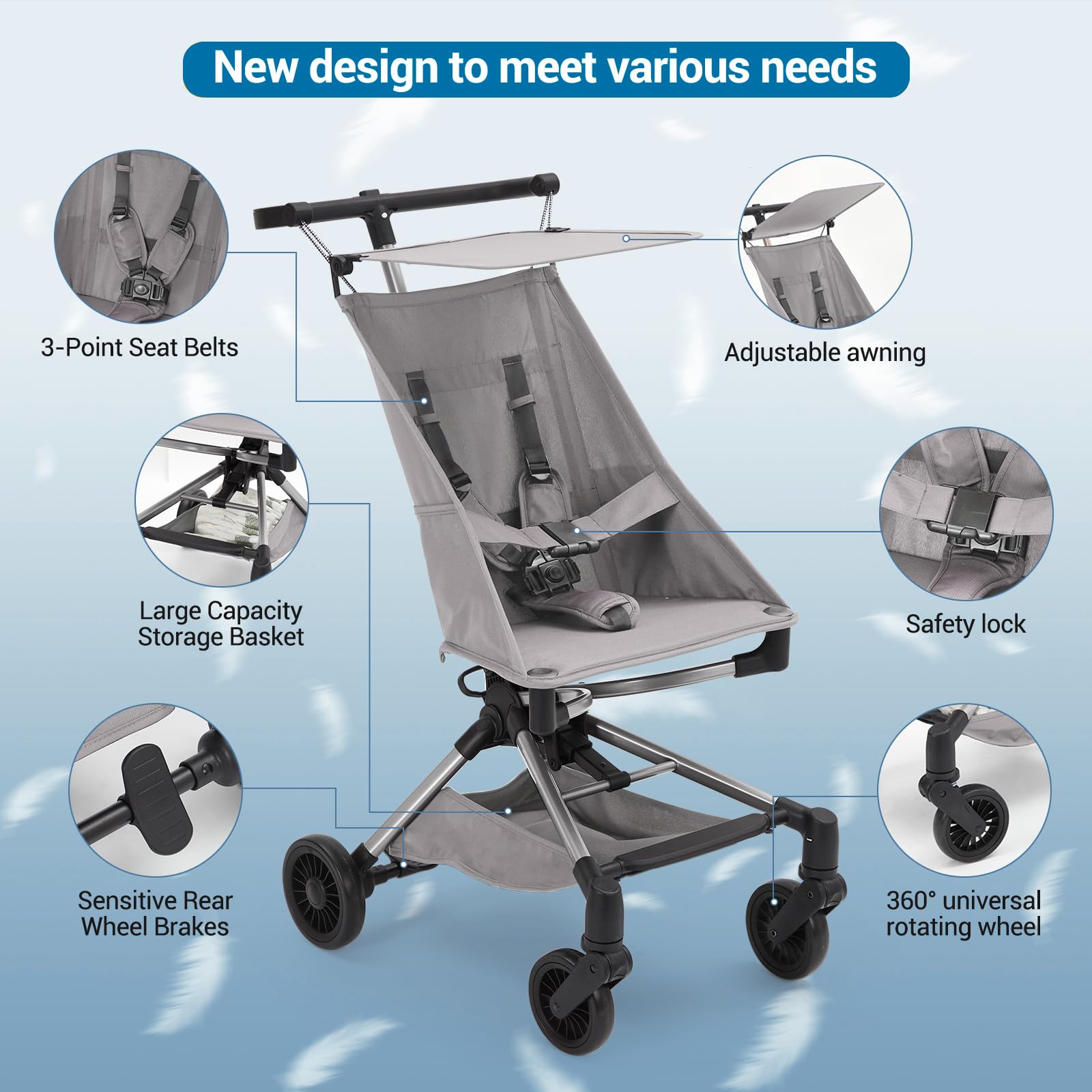Garvee Poussette Canne Ultra Légère - Poussette Bébé Compacte <10 LBS Pour Avion Avec Sac De Transport, Pliable à Une Main, Canopée Réglable, Roues 360°, Harnais 3 Points, Poussette Voyage 6-36 Mois