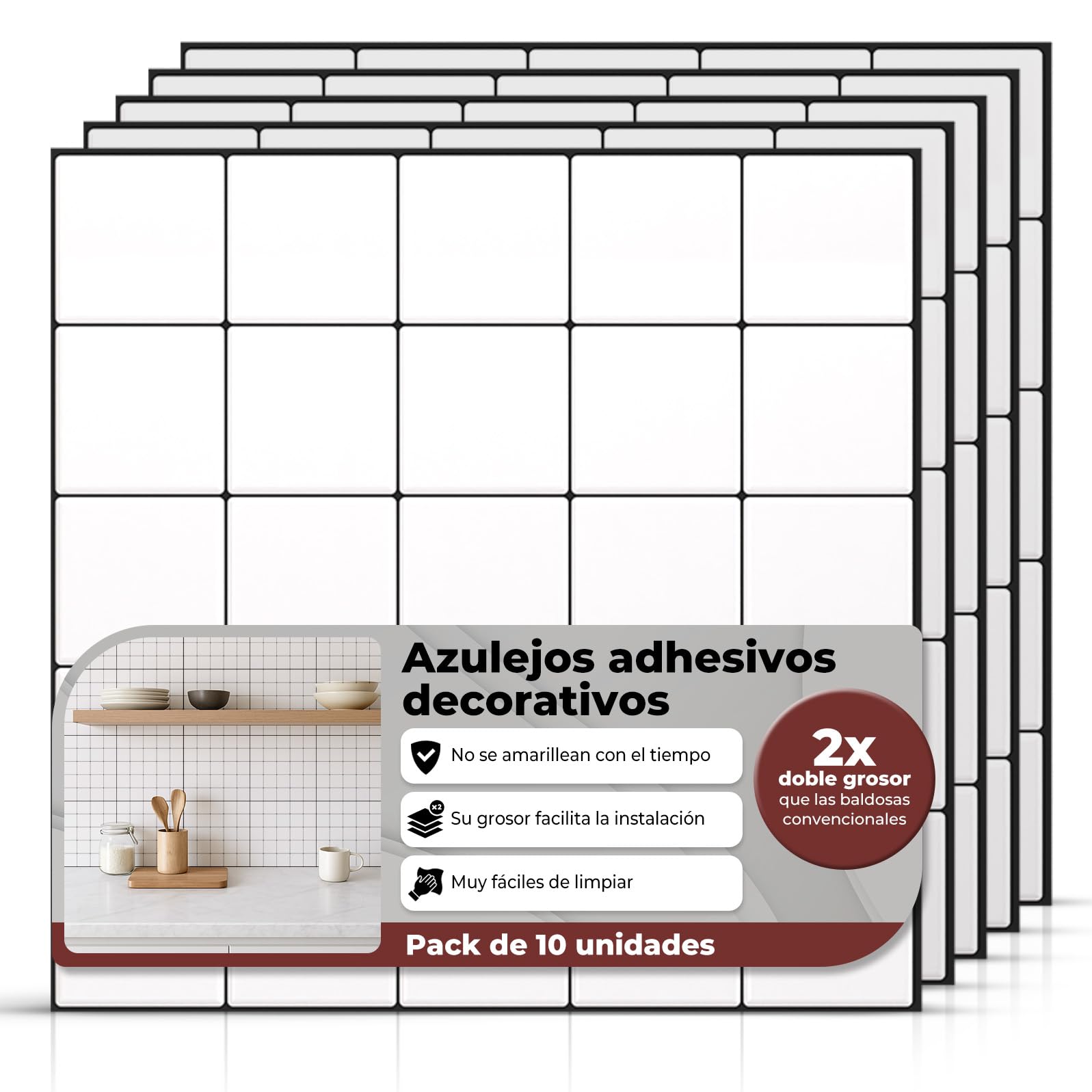 AMARA DECO - 10 unidades Azulejos Adhesivos Cocina 30x30cm. Paneles Decorativos para Pared o Azulejos adhesivos baño impermeables, fáciles de limpiar y resistentes al calor.