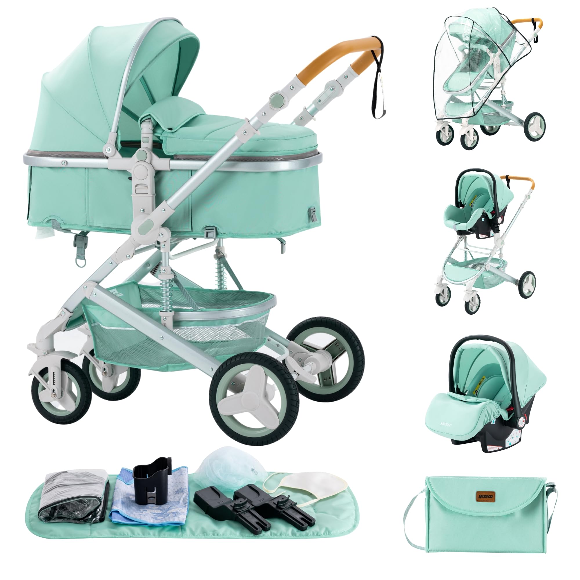 ALYIKOU 3-in-1 Prams Travel System, Shock Absorption Baby pram,0-4 Years, Up to 22 kg, Foldable, Compact and Reclining Baby Pushchair, with Nursery Bag, Black (530 Green)