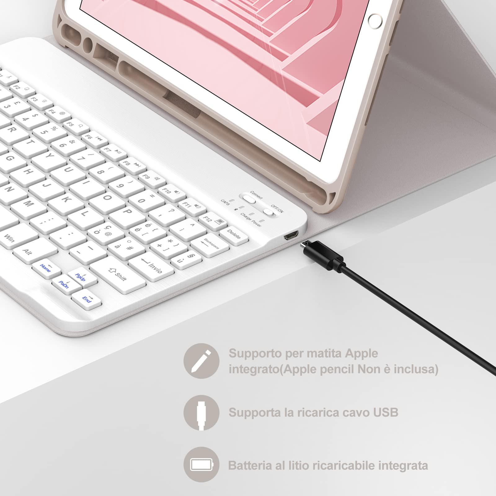 Custodia Con Tastiera Per IPad 10.2 Pollici (8ª/7ª Gen) - Sottile In PU Con Tastiera Wireless Rimovibile (Rosa Oro) - Layout QWERTY