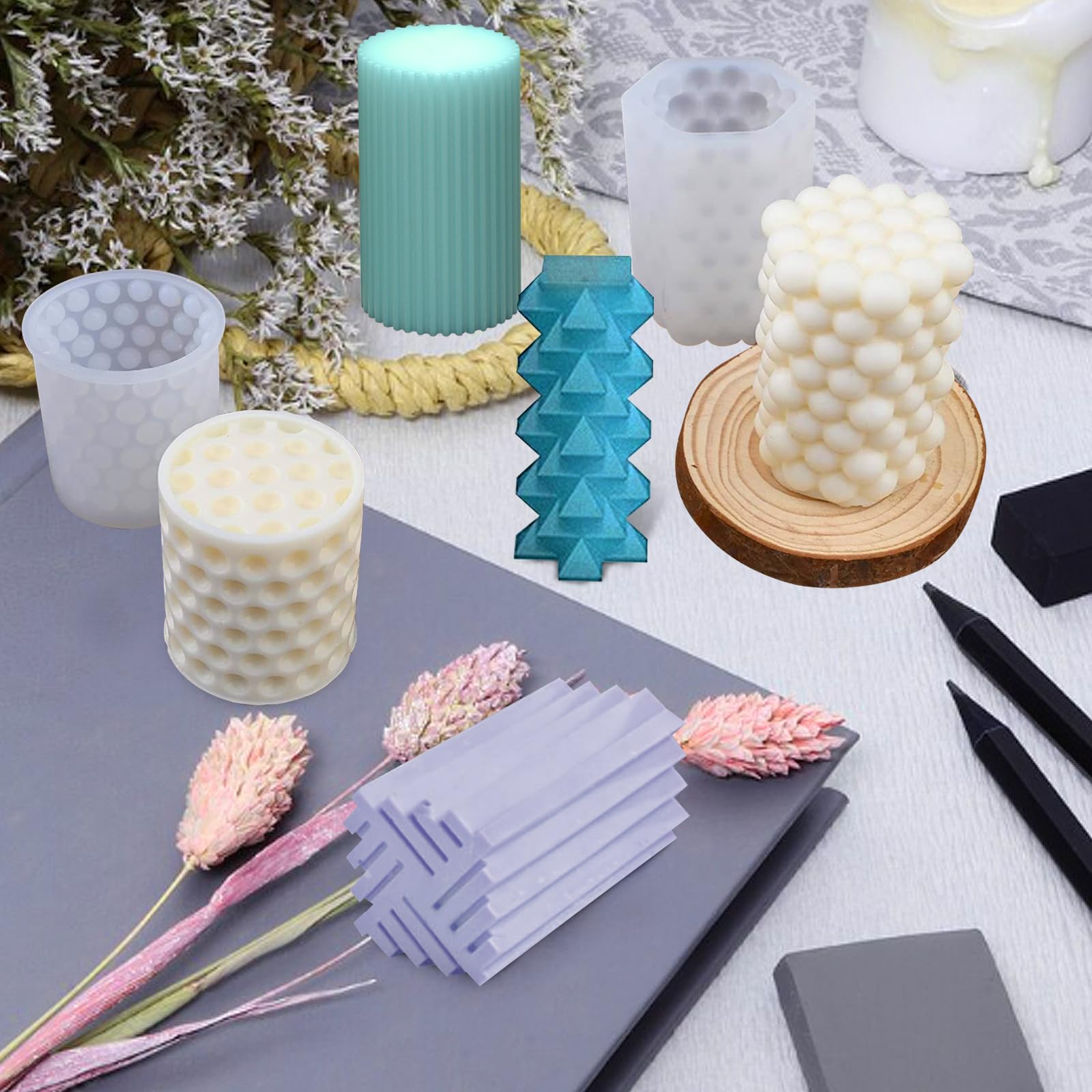 4 Moules à Bougies Silicone Cylindriques Et Hexagonaux - DIY Bougies, Savons, Résine - 4 Tailles Différentes