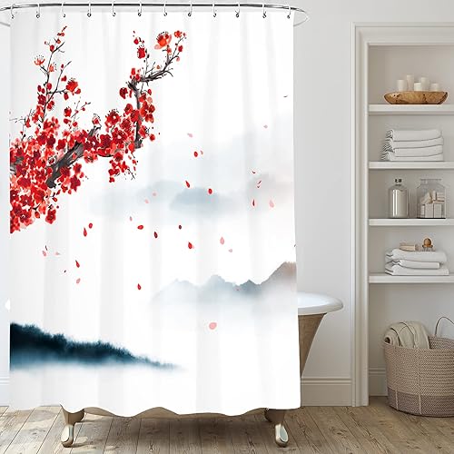 Miniatura 3 de Cortina de ducha con diseño de flor de cerezo rosa, juego de cortina de ducha japonesa Sakura floral, cortinas de ducha de flores de cerezo con