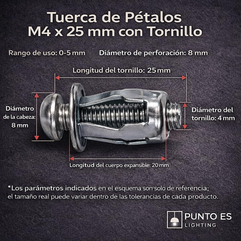 Set of 60 Petal Nuts with Screw M4, M5, M6 – Galvanised Steel Expansion Plugs for Drywall and Hollow Wall PUNTO ES LIGHTING