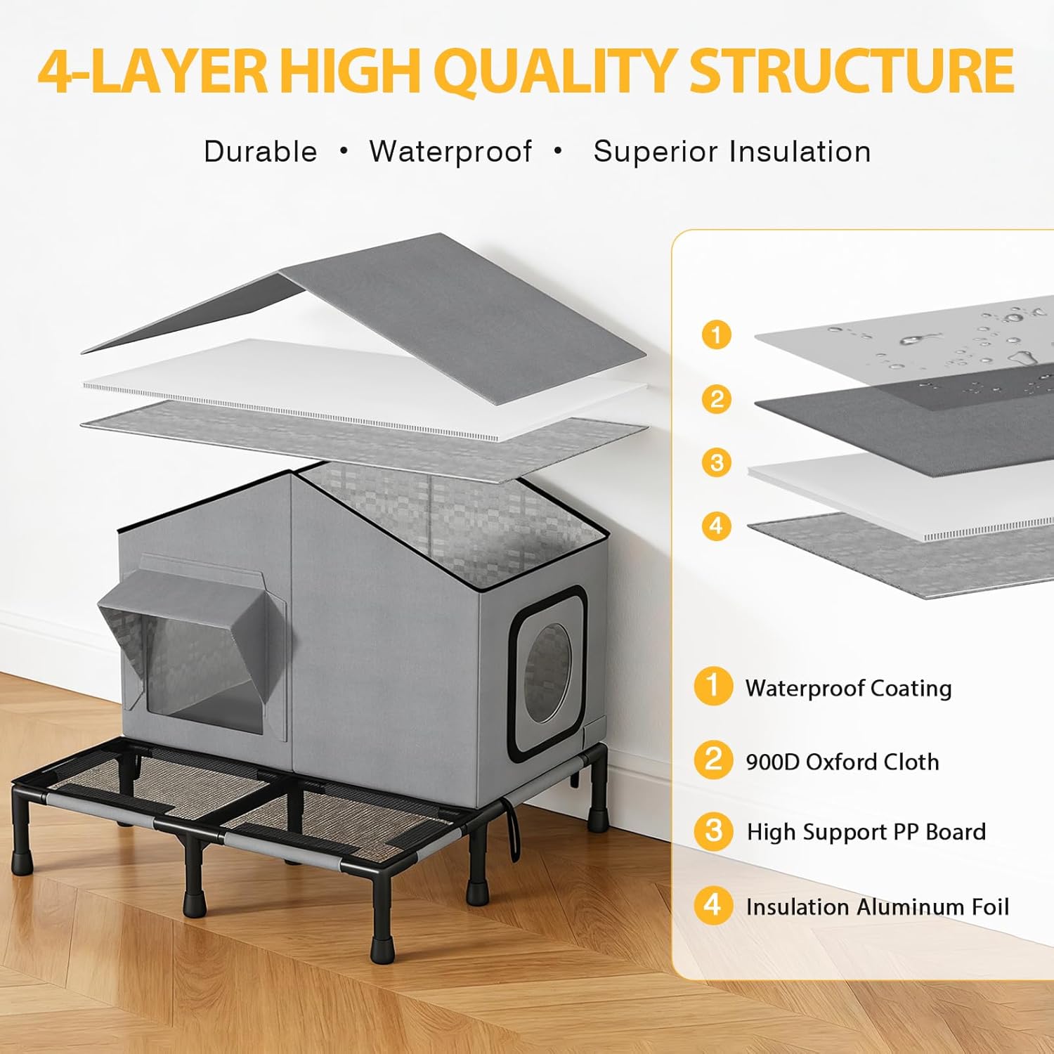 Outdoor Cat House Weatherproof Insulated, 2-Story Kitty Shelter with Escape Door & Front Platform, Large Outdoor Cat Condo for Feral or Indoor Cats, Easy to Assemble
