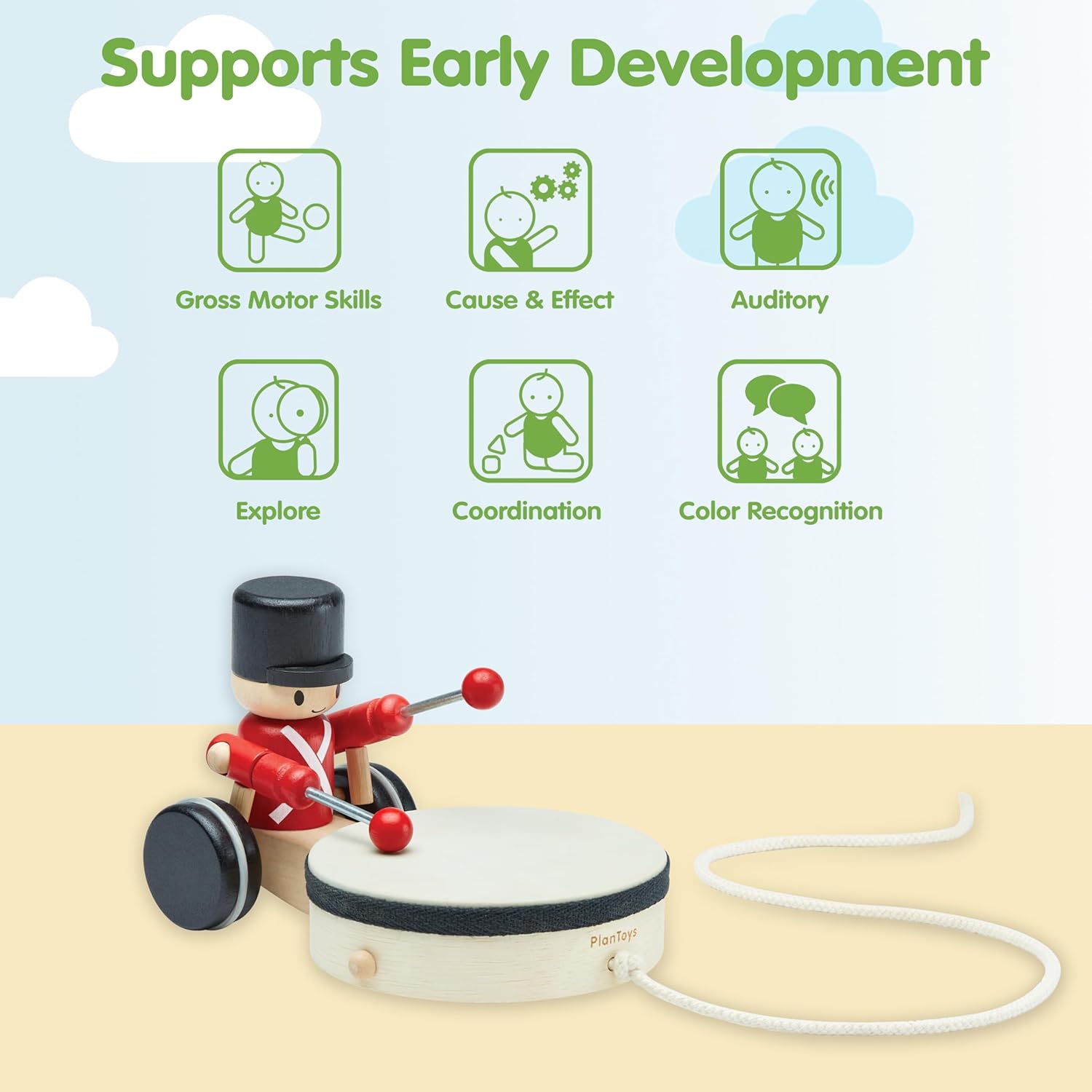 PlanToys® Wooden Pull Along Drummer | Musical Toy that Encourages Rhythm, Coordination & Focus | Montessori Eco-Friendly Educational Toy for Active & Imaginative Play