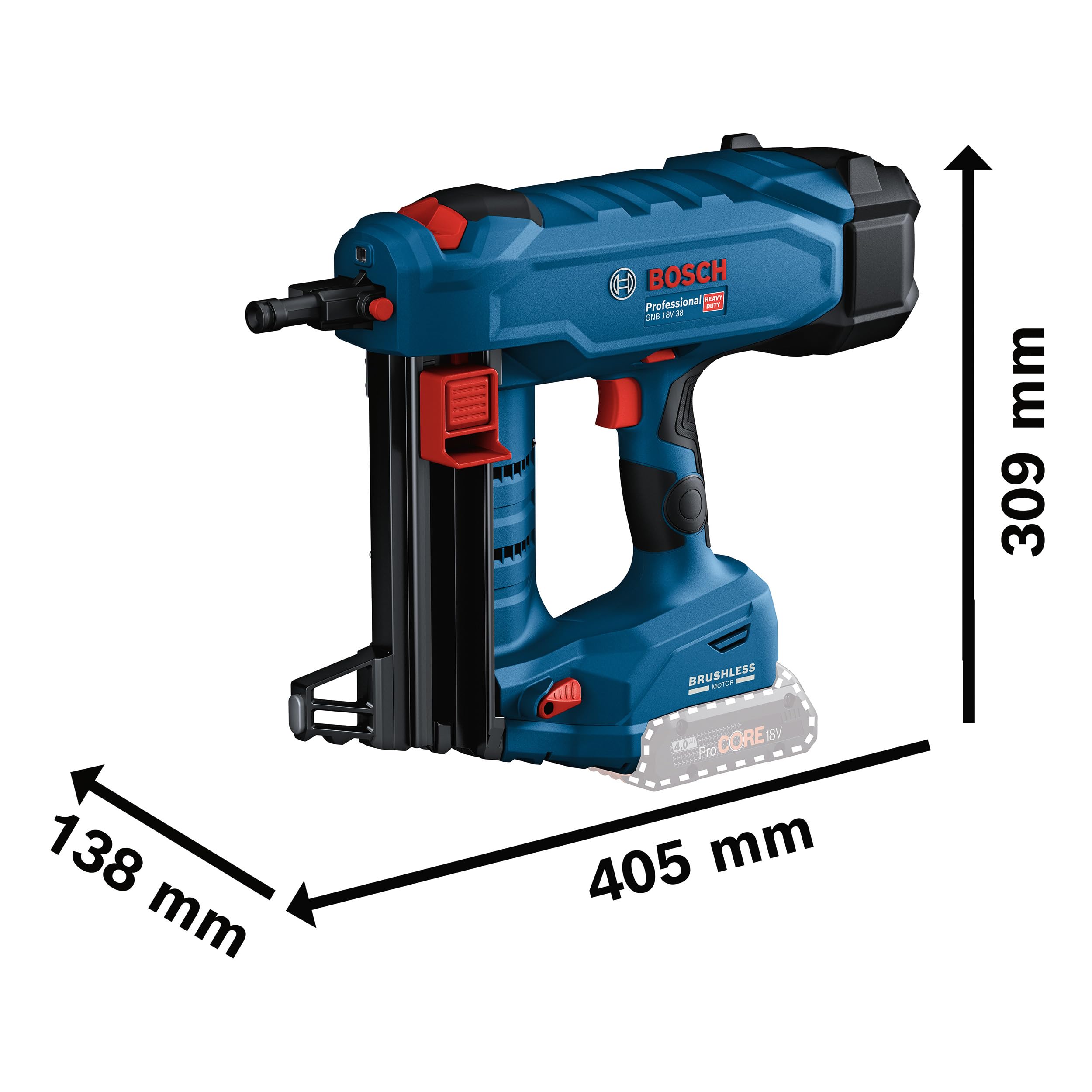 Bosch Professional 18V System Biturbo Akku-Betonnagler GNB 18V-38 (max. Nagellänge 38 mm, inkl. 2x ProCORE 4.0Ah Akku, Schnellladegerät GAL 18V-40, 1x Ausdrückstift, 1x Befestigungshaken, XL-BOXX)