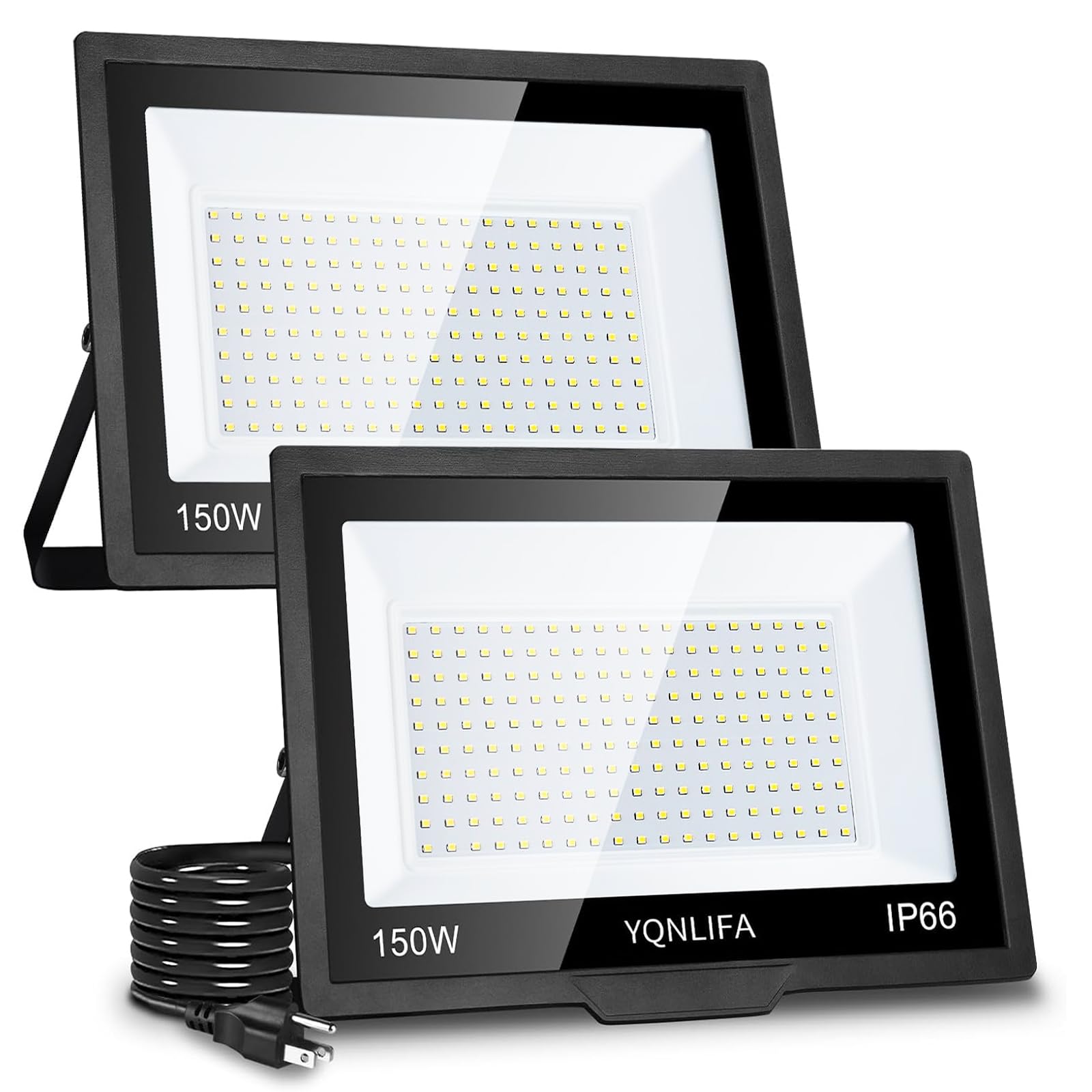 YQNLIFA LED Flood Lights Outdoor, 150W 18000LM Plug in Flood Light with 10FT Cord, 5000K Daylight White,IP66 Waterproof LED Work Lights Floodlights for Yard,Garden,Stadium,Playground,Garage(2Pack)