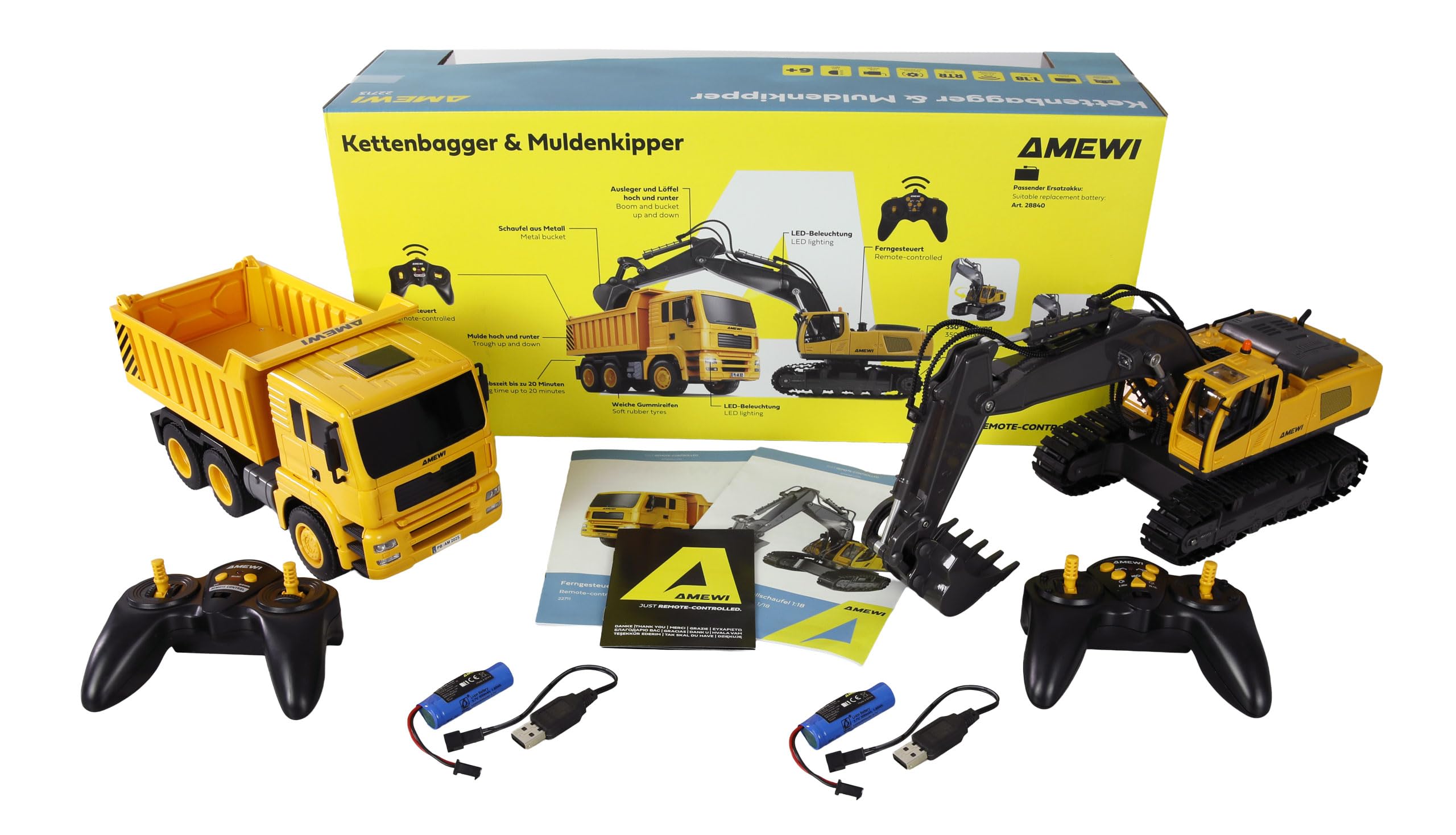 Amewi Zestaw 2 w 1 koparka łańcuchowa i wywrotka 1:18 RTR zdalnie sterowana RC dla dzieci od 6 lat, żółty