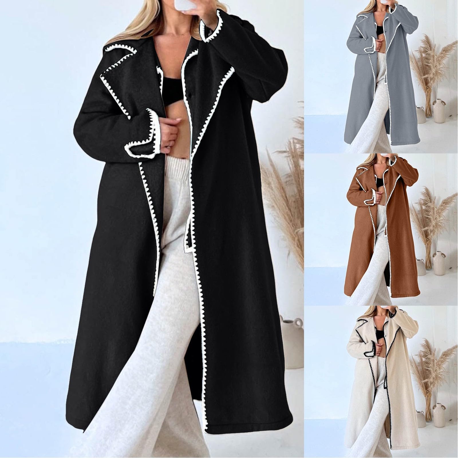Damen Trenchcoat Lässiger Bequemer Warmer Tweed Mantel Langes Revers Mantel Casual Büro Overcoat Winter Outerwear Herbst Winter Strickjacke Elegante Lang Langarm Cardigan mit Taschen