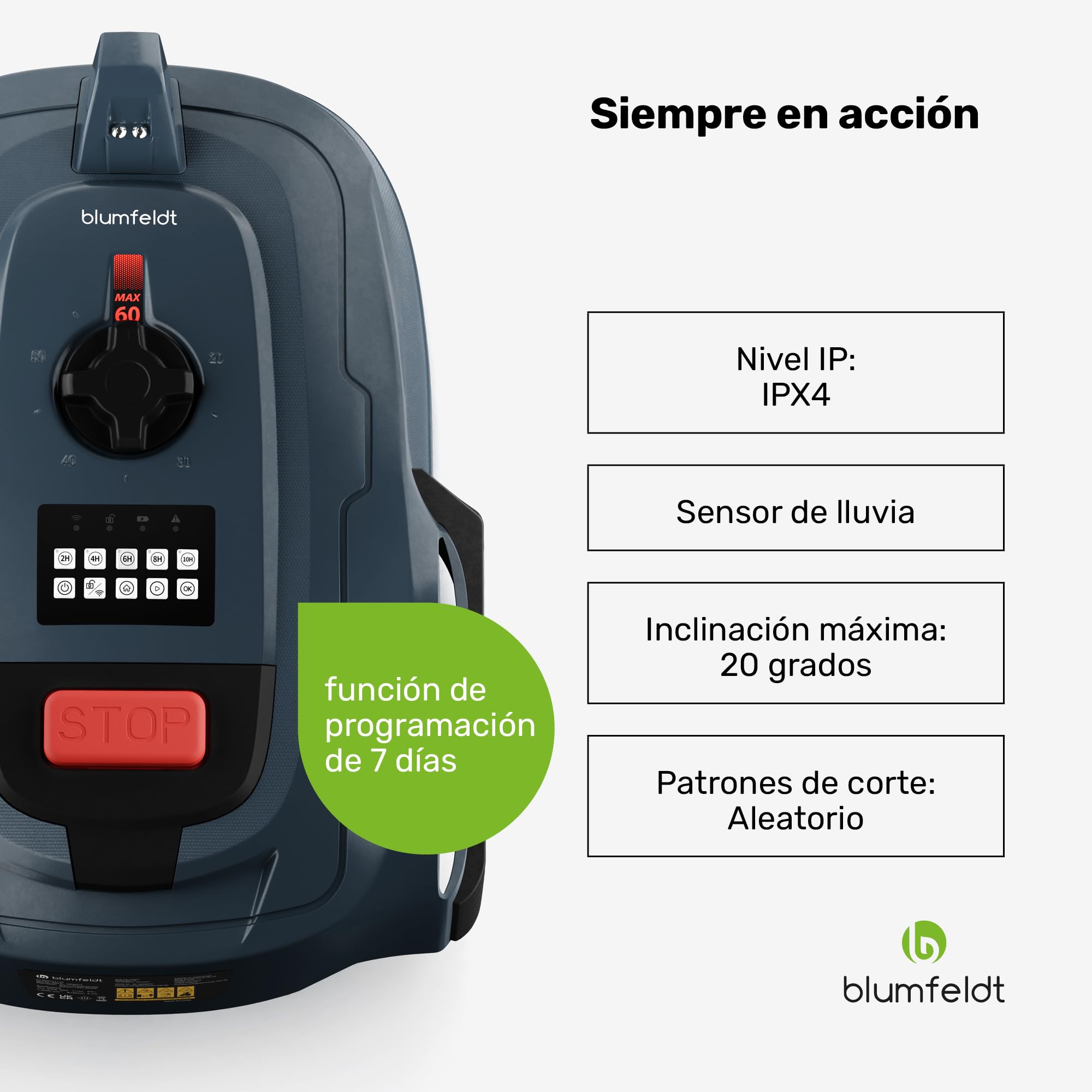 Blumfeldt Robot Cortacésped, 1000m2 - Control App, Batería Li-Ion, Carga Automática, Silencioso, Sensores de Lluvia & Colisión, Altura de Corte Ajustable, Jardines Grandes, Gris Oscuro
