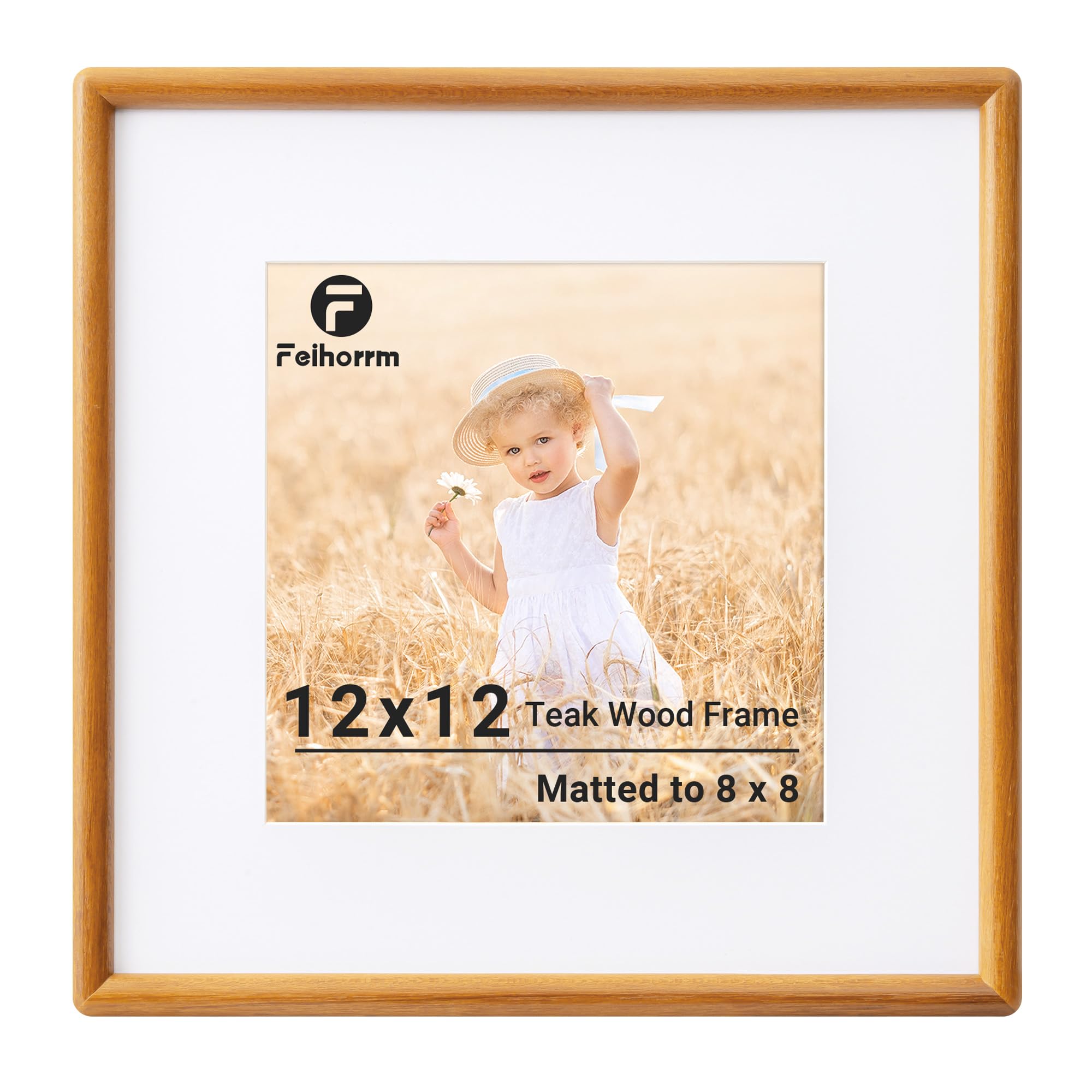 Feihorrm 12x12 Picture Frame, Teak Solid Wood Photo Frame, 30x30 Picture Frame, 12x12 Frame Matted to 8x8 Photos, Handcrafted Rounded Corners with HD Tempered Glass, Wall Mount Display