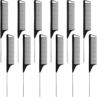 Vista 1 de Boao Paquete de 12 peines de cola de rata, peine de pelo negro, acero inoxidable, fibra de carbono, resistente al calor, para mujeres, trenzas