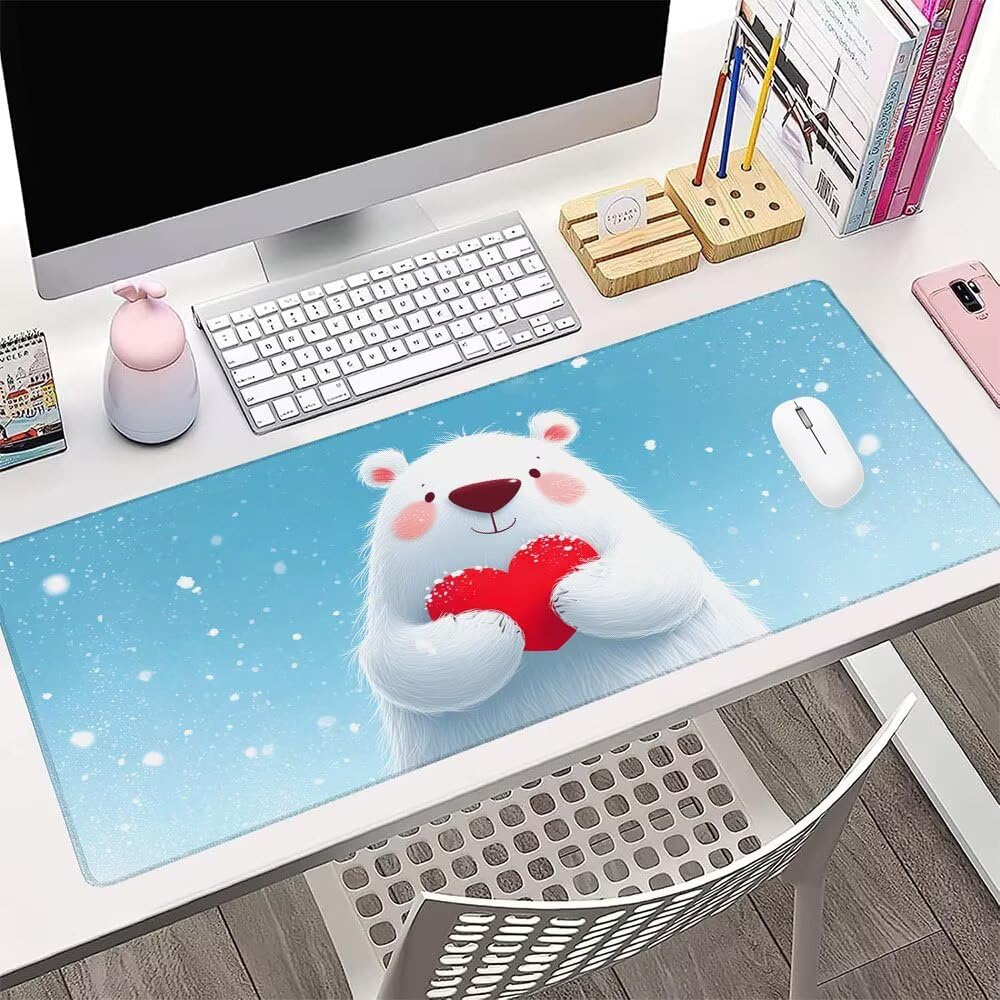 Niebieska podkładka pod mysz xxl akcesoria do gier podkładka na biurko duża podkładka pod mysz i klawiatura niedźwiedź akcesoria PC 1400 x 600 x 3 mm mata biurkowa, z gumową podstawą szyte krawędzie